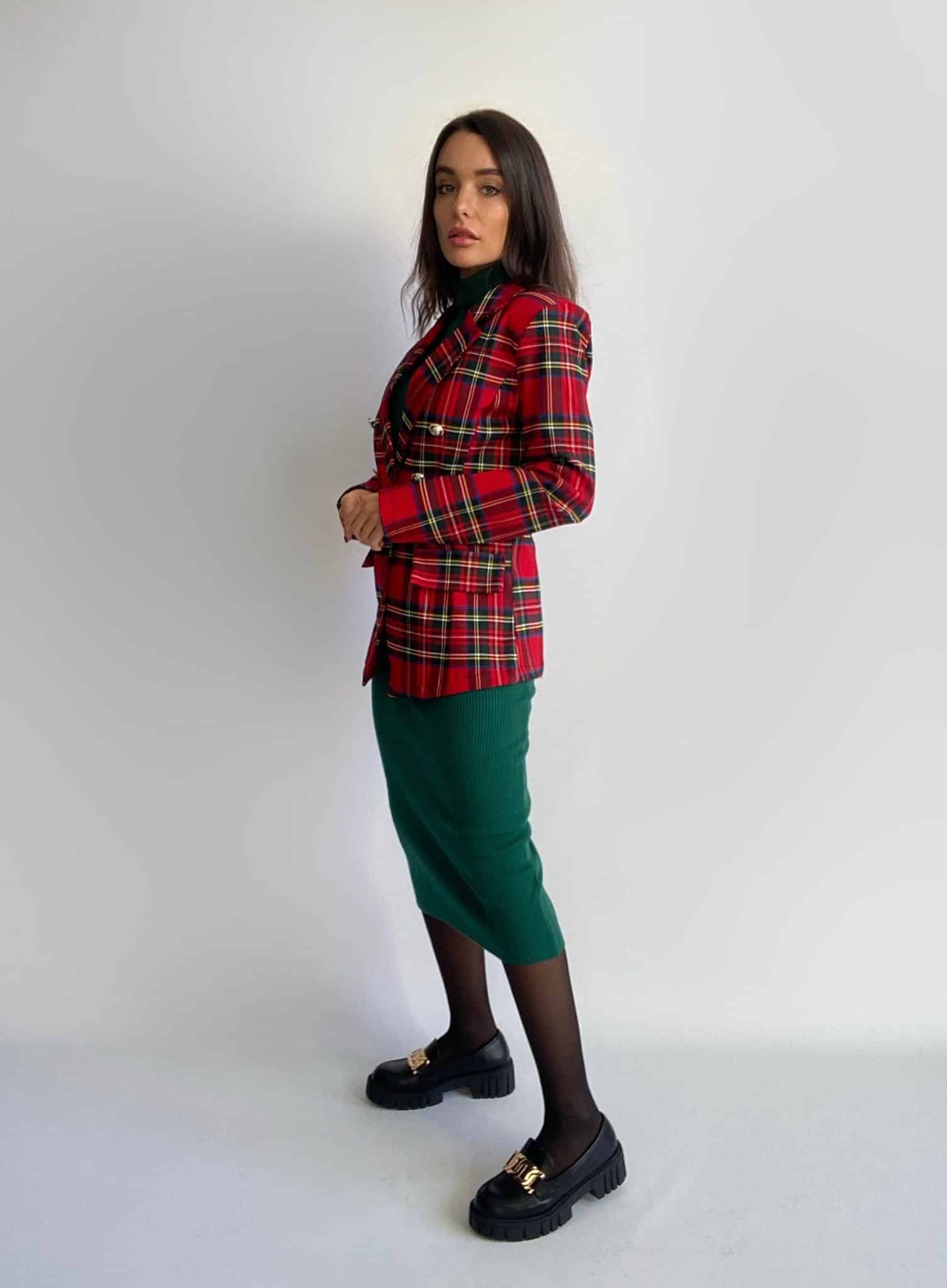 Blazer Tartan Bottoni Gioiello - Rosso