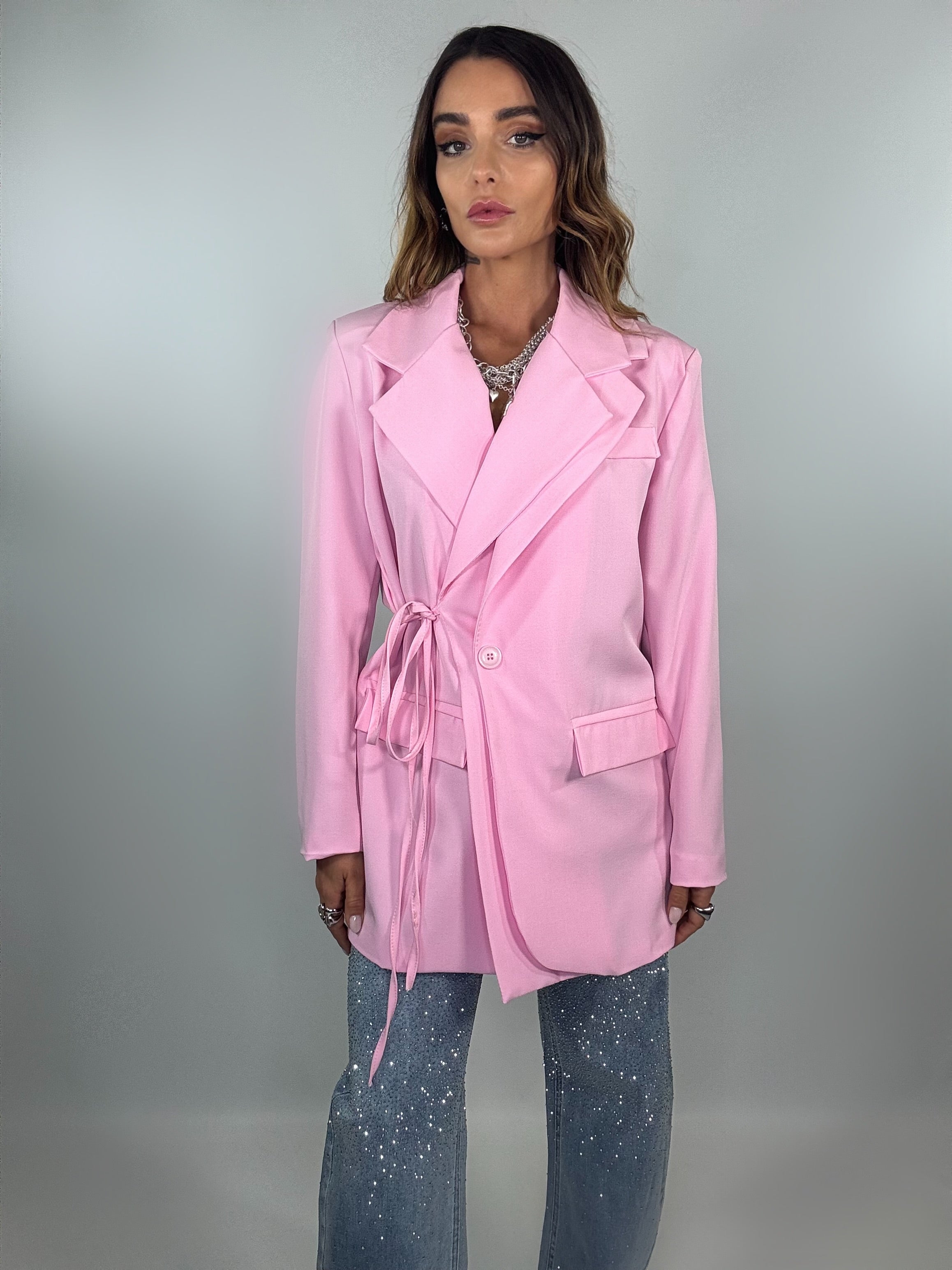 Blazer Over con Doppio Rever e Lacci - Rosa