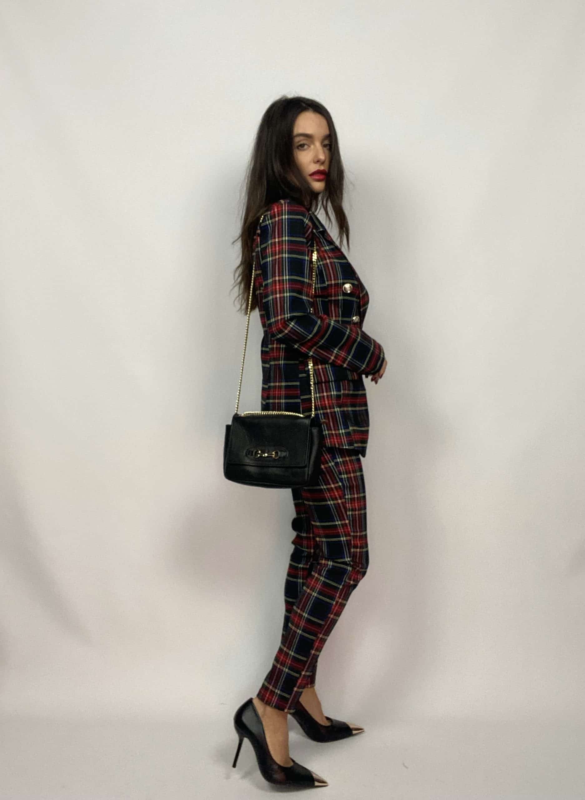 Pantaloni Tartan Bottoni Gioiello - Rosso