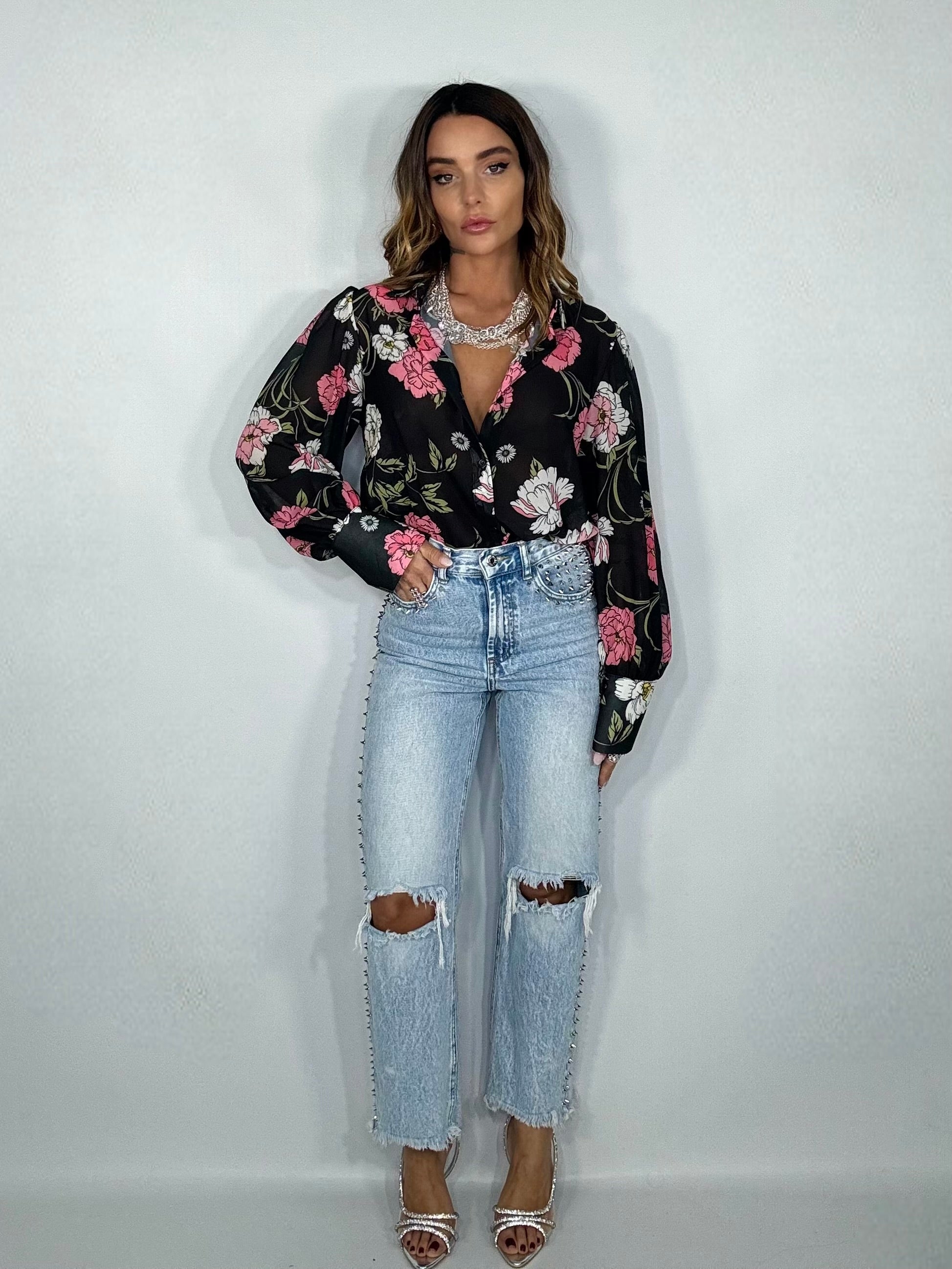 Camicia Fiori - Nero / Fucsia