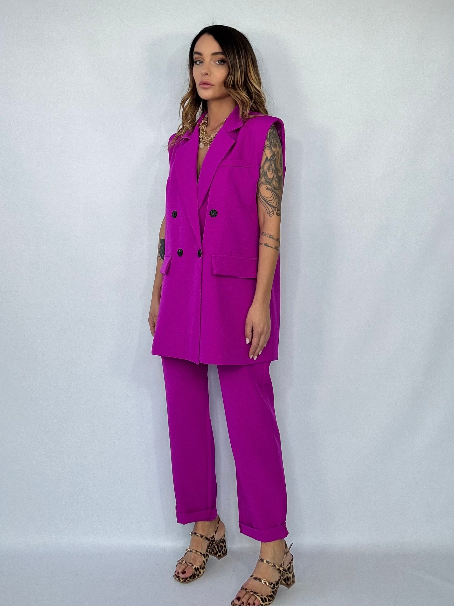 Completo Gilet Over e Pantaloni Pinces- Fucsia