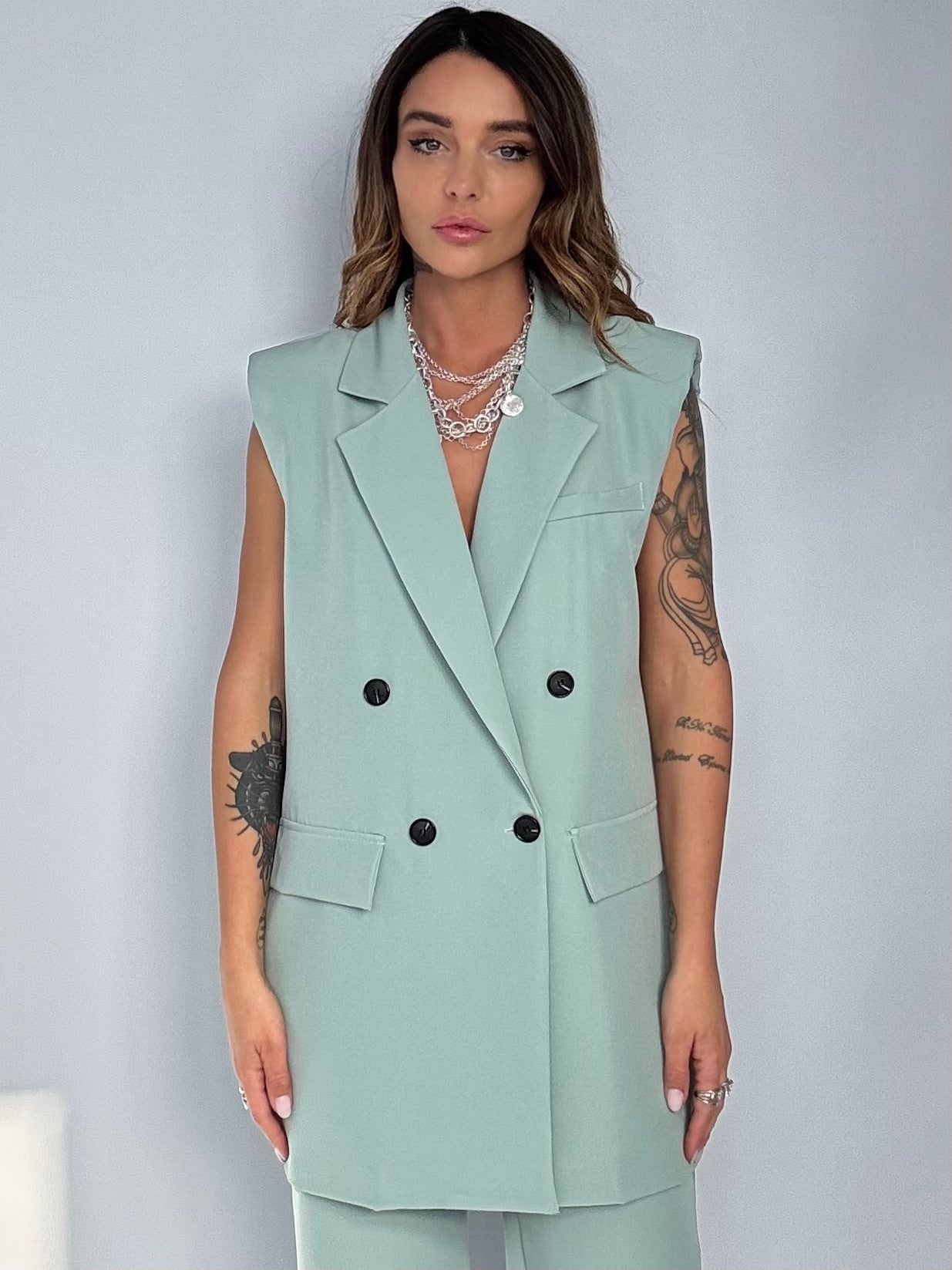 Completo Gilet Over e Pantaloni Pinces - Verde Salvia