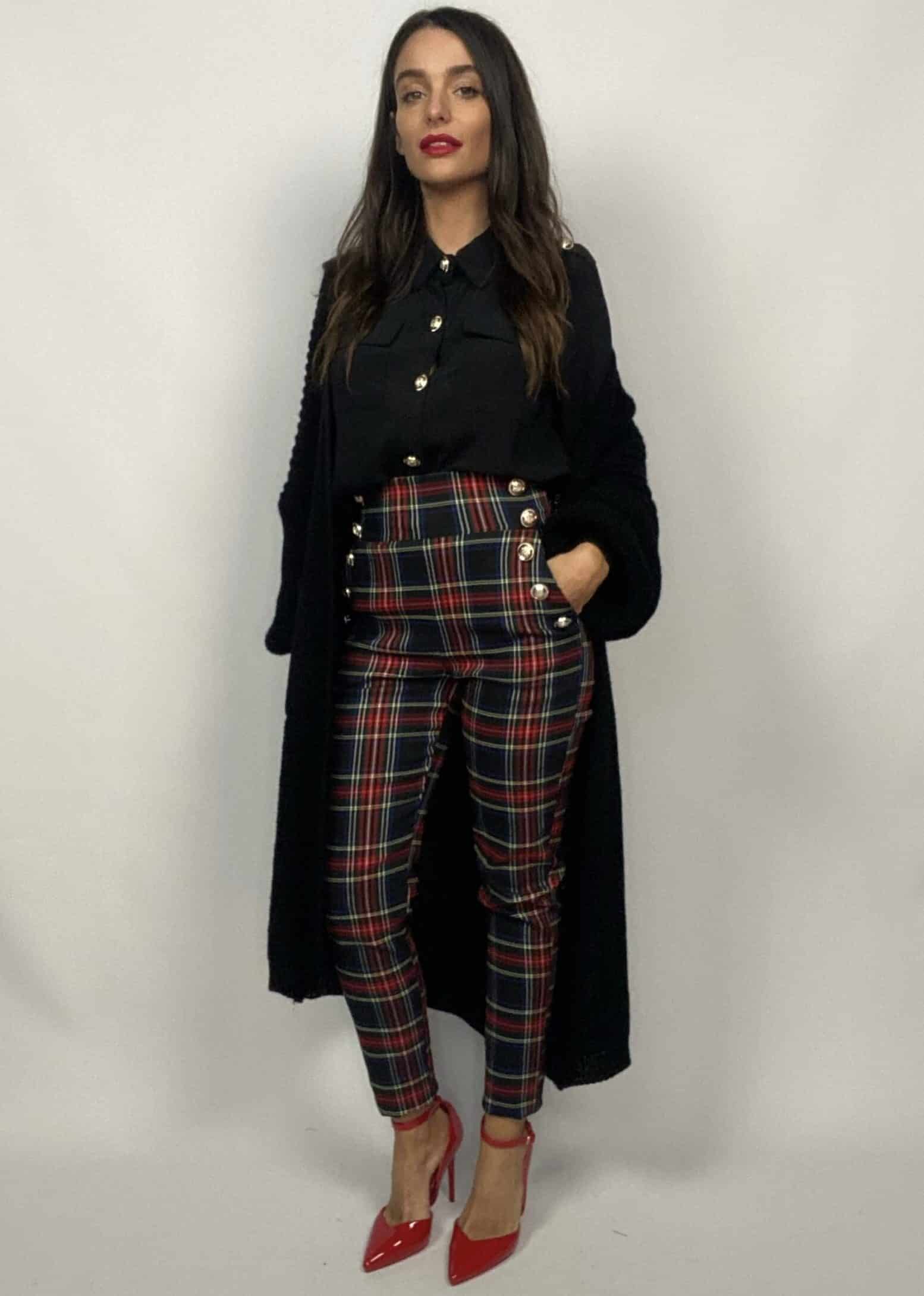 Pantaloni Tartan Bottoni Gioiello - Nero