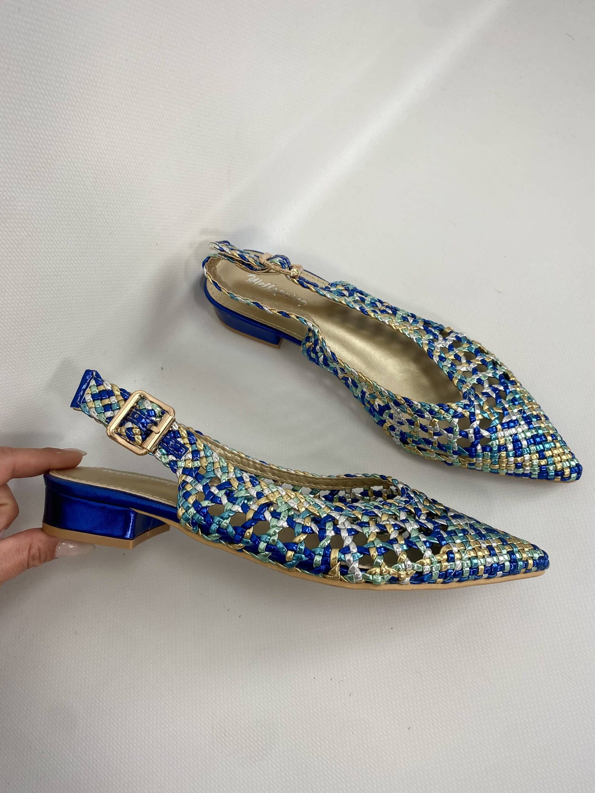 Slingback Flat Rafia 2.0 - Bicolor Oro / Blu