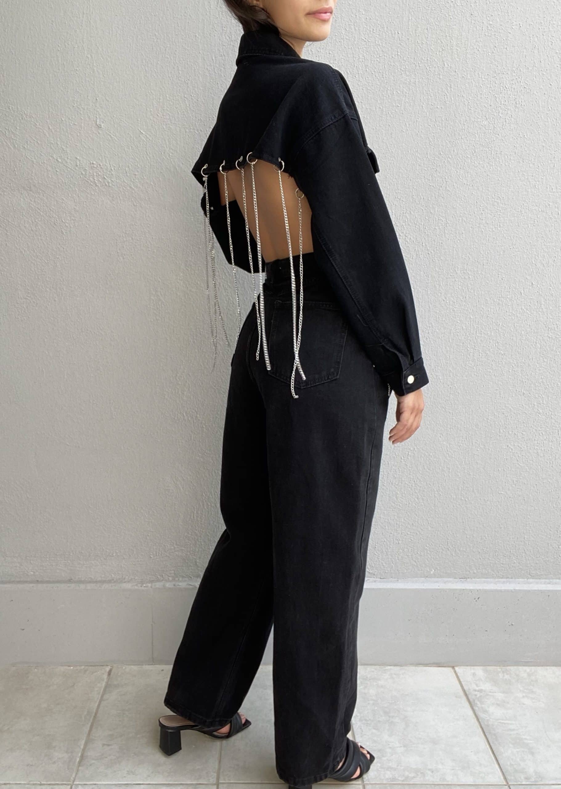 Giacca Jeans Super Crop con Catene - Nero