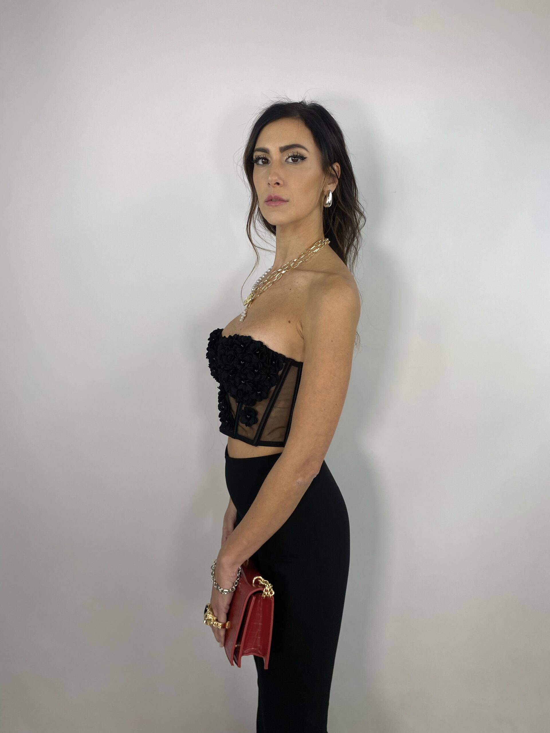 Corsetto Fiori e Perle con Coppe Imbottite - Nero