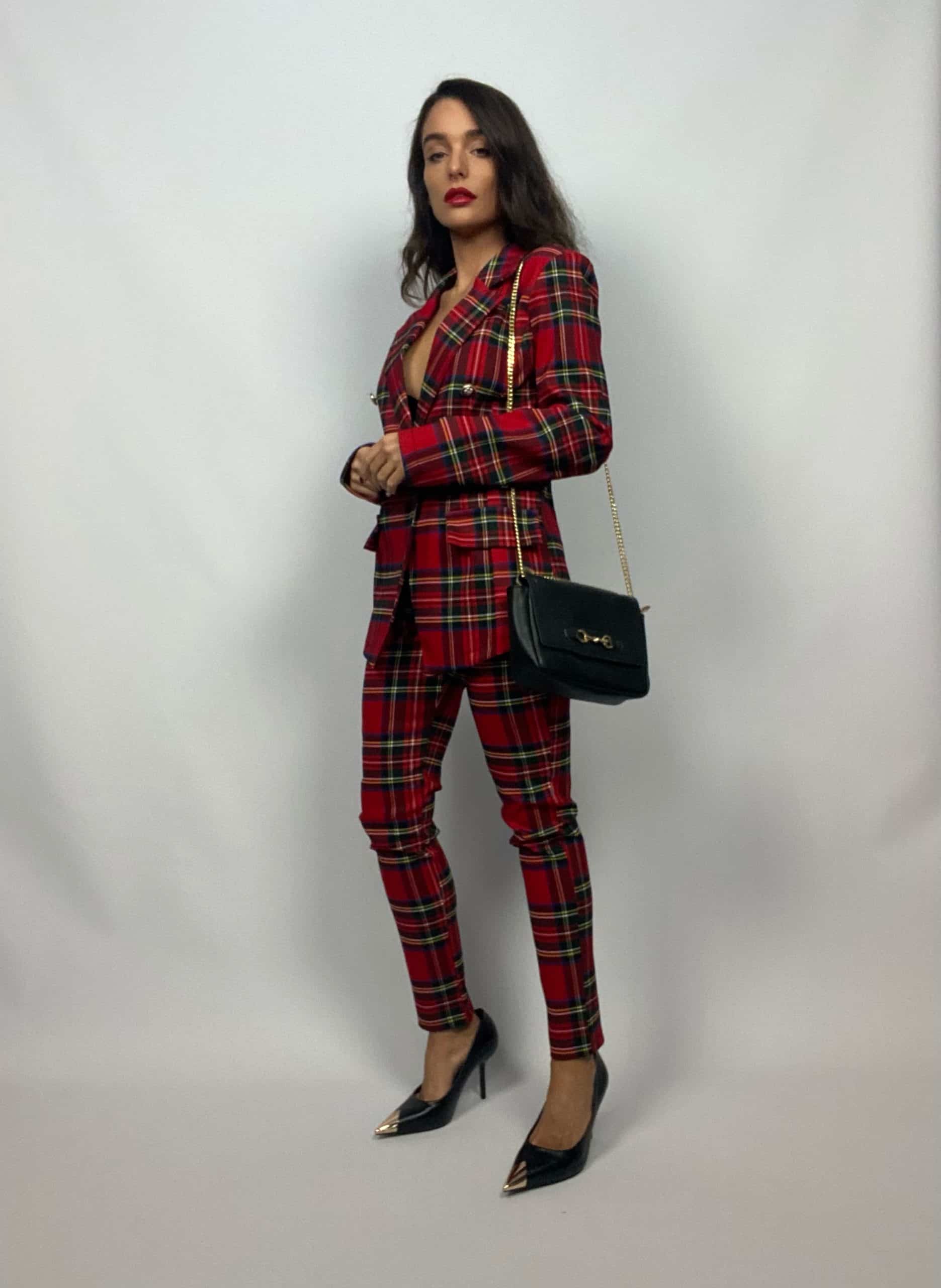 Blazer Tartan Bottoni Gioiello - Rosso