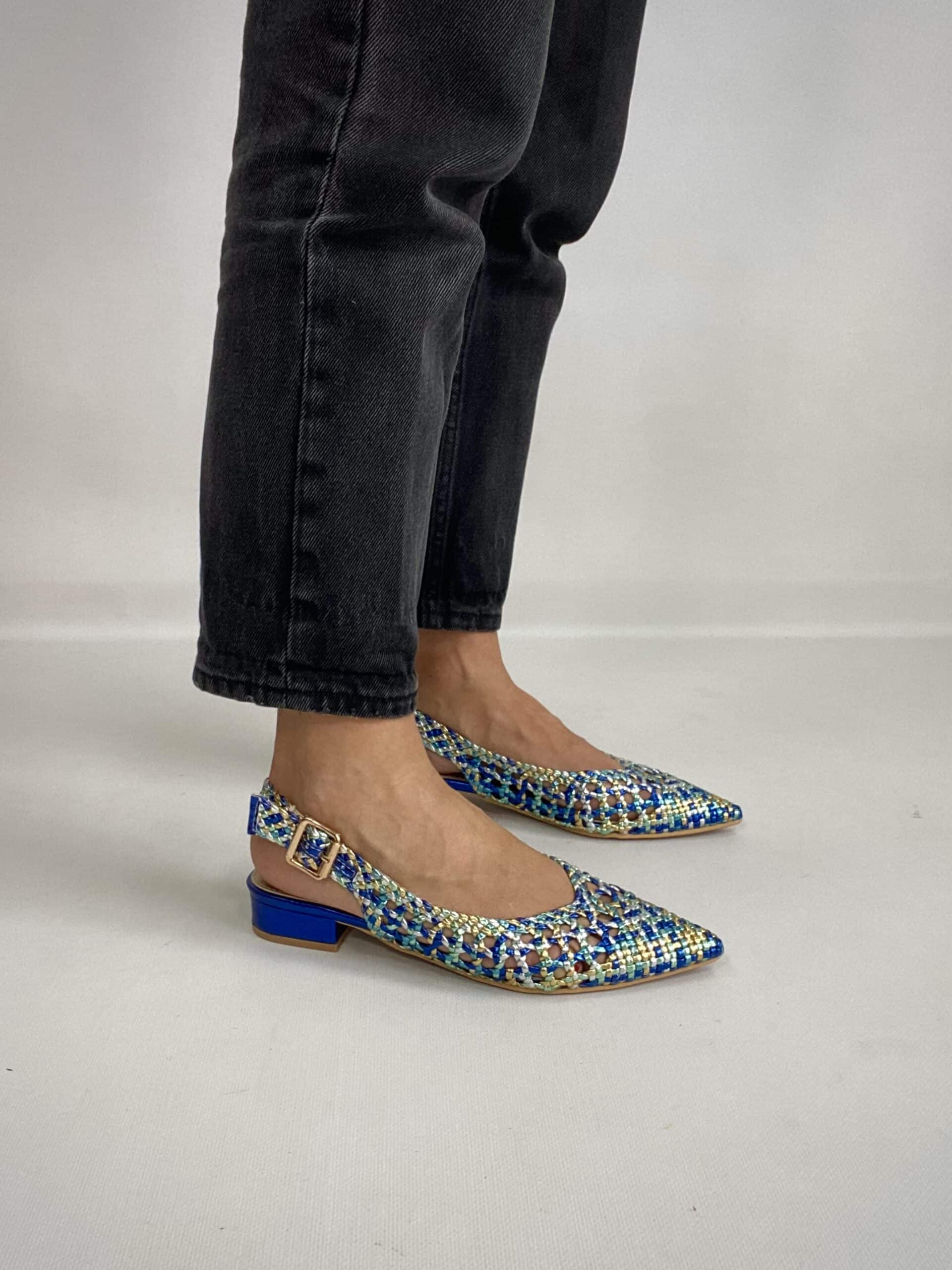 Slingback Flat Rafia 2.0 - Bicolor Oro / Blu