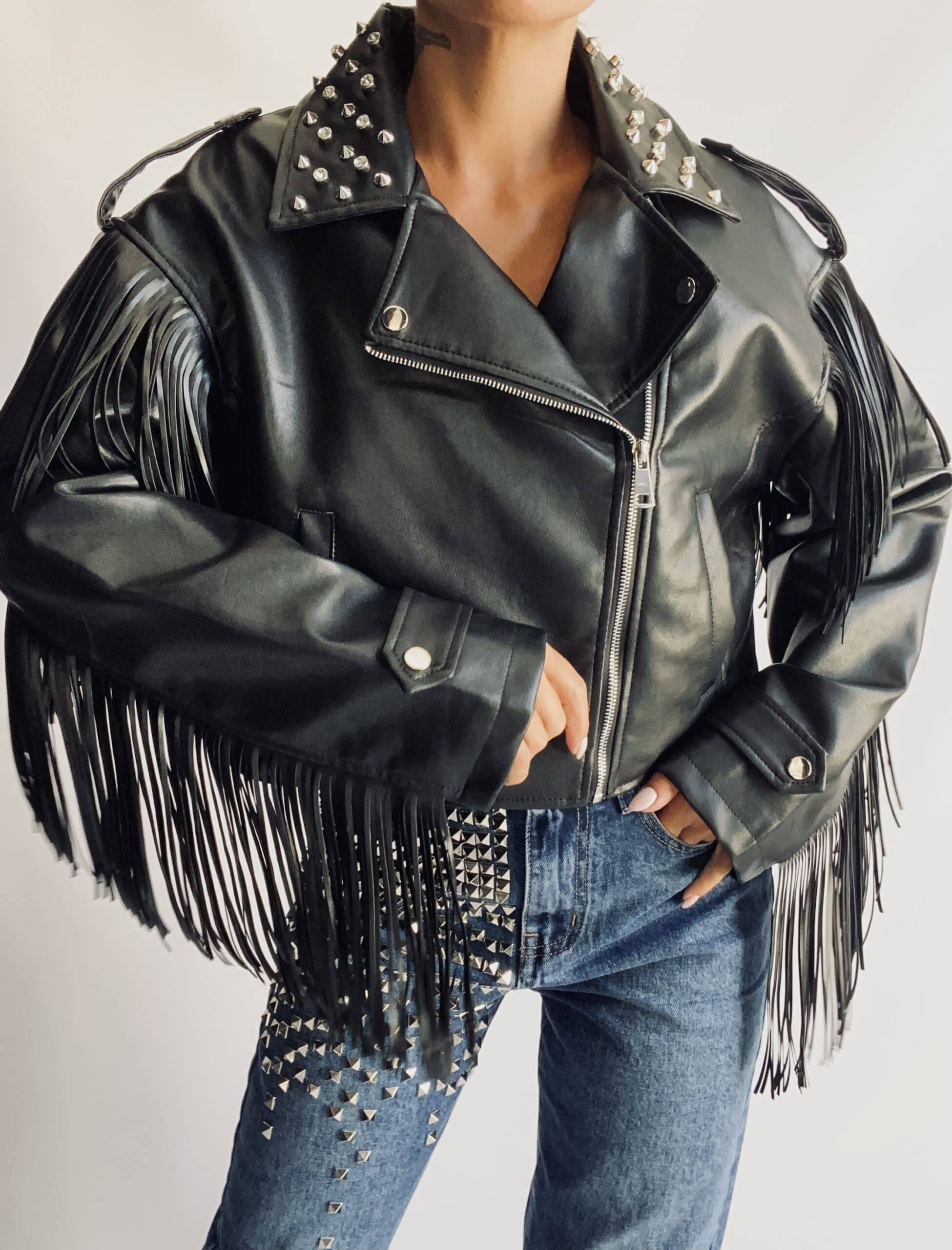 Chiodo Eco Pelle Crop con Frange e Borchie  - Nero