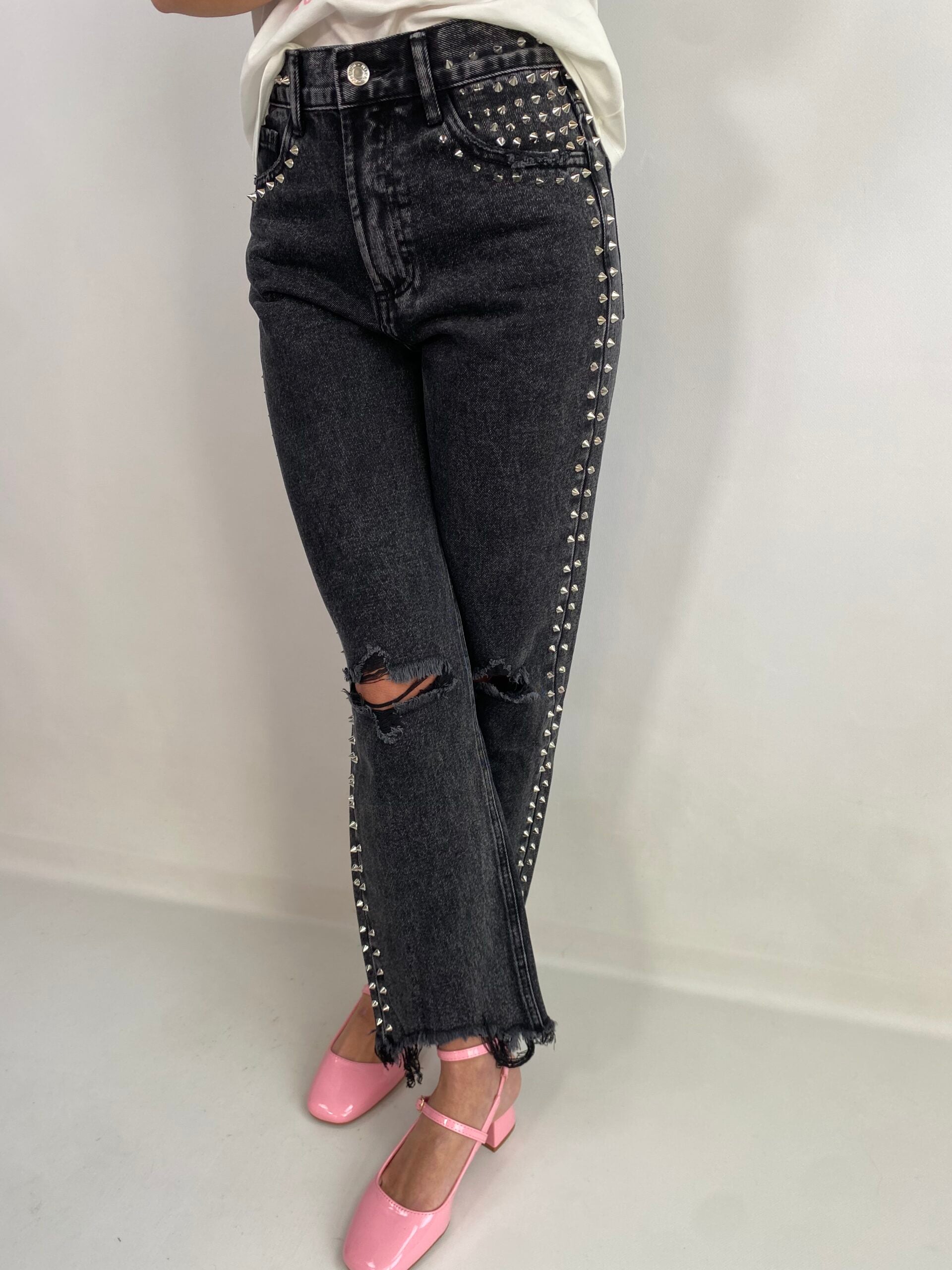 Jeans Straight con Borchie e Strappi  - Nero Slavato
