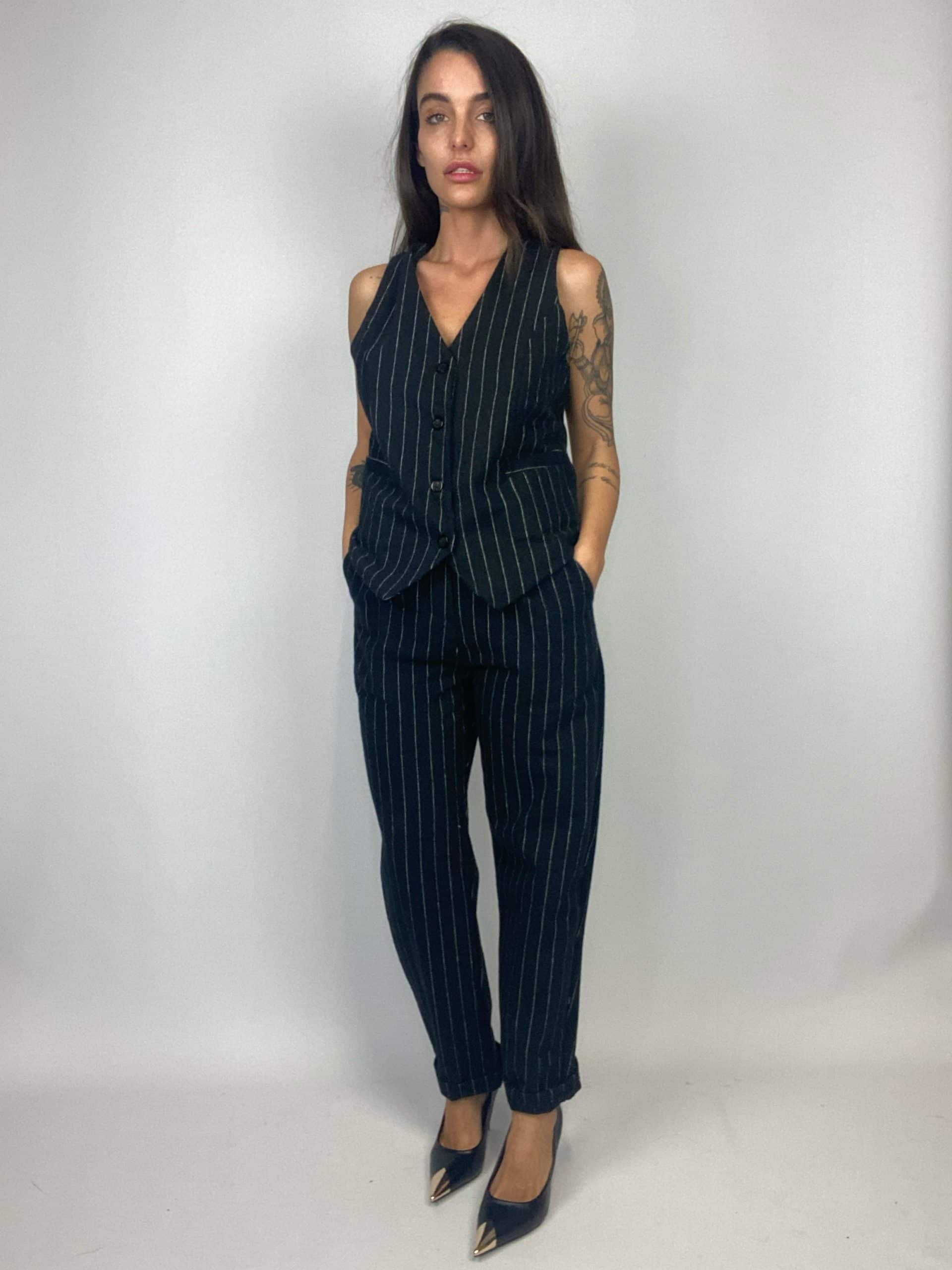 Gilet Completo Gessato Flanella - Nero