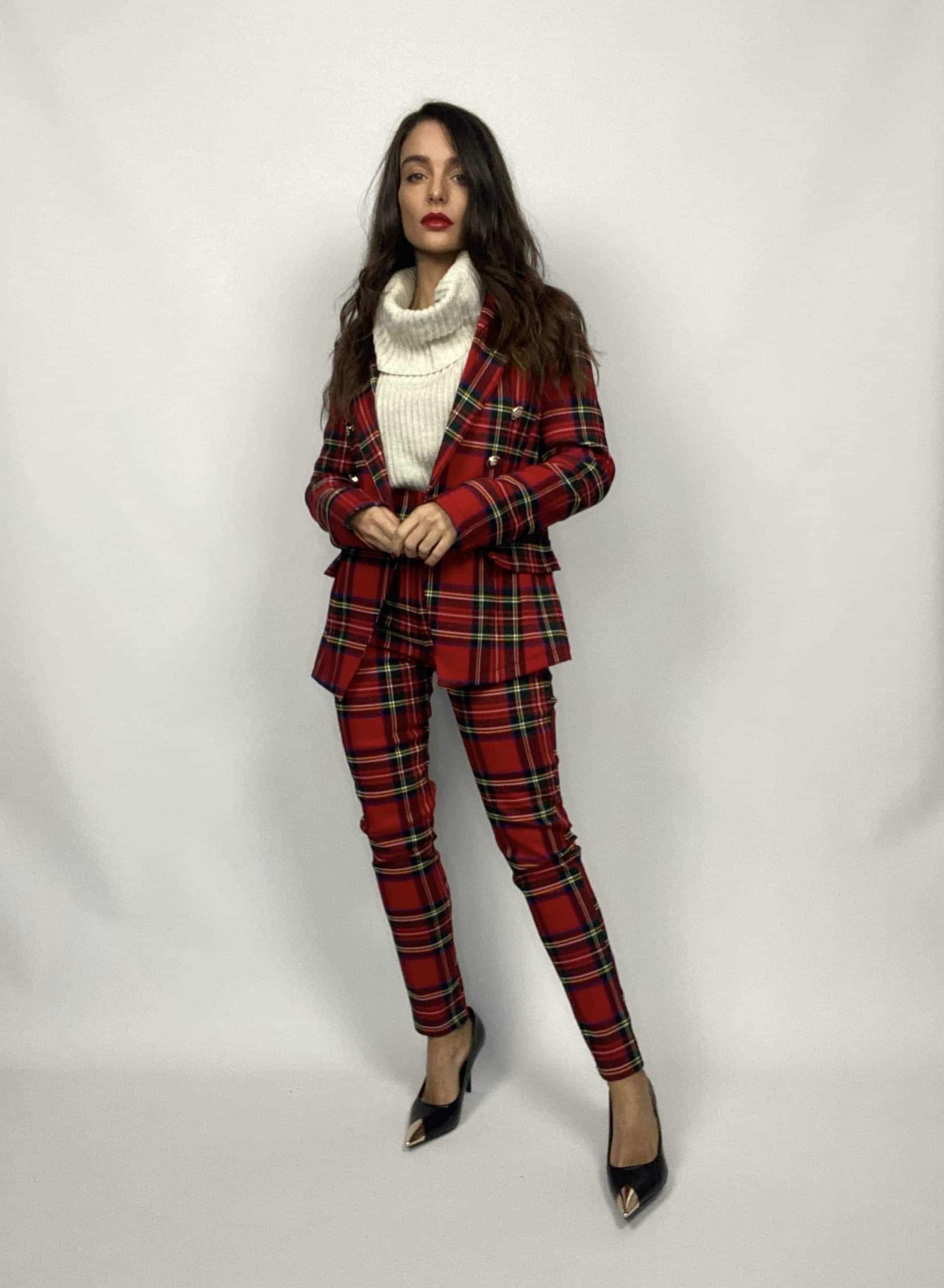 Blazer Tartan Bottoni Gioiello - Rosso