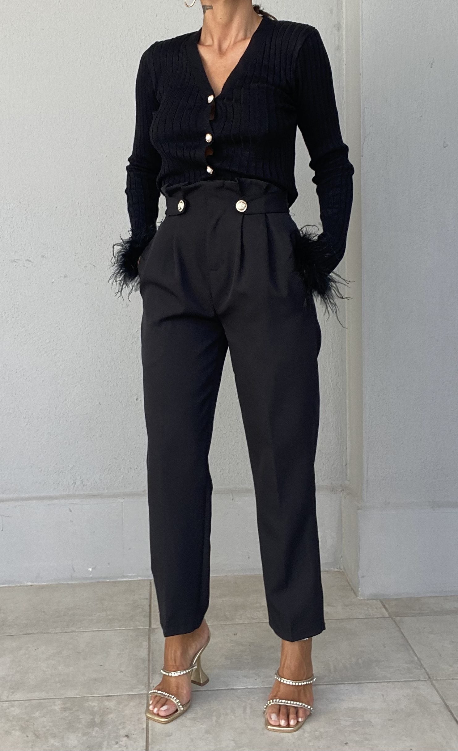 Pantaloni Pinces Bottoni Gioiello - Nero