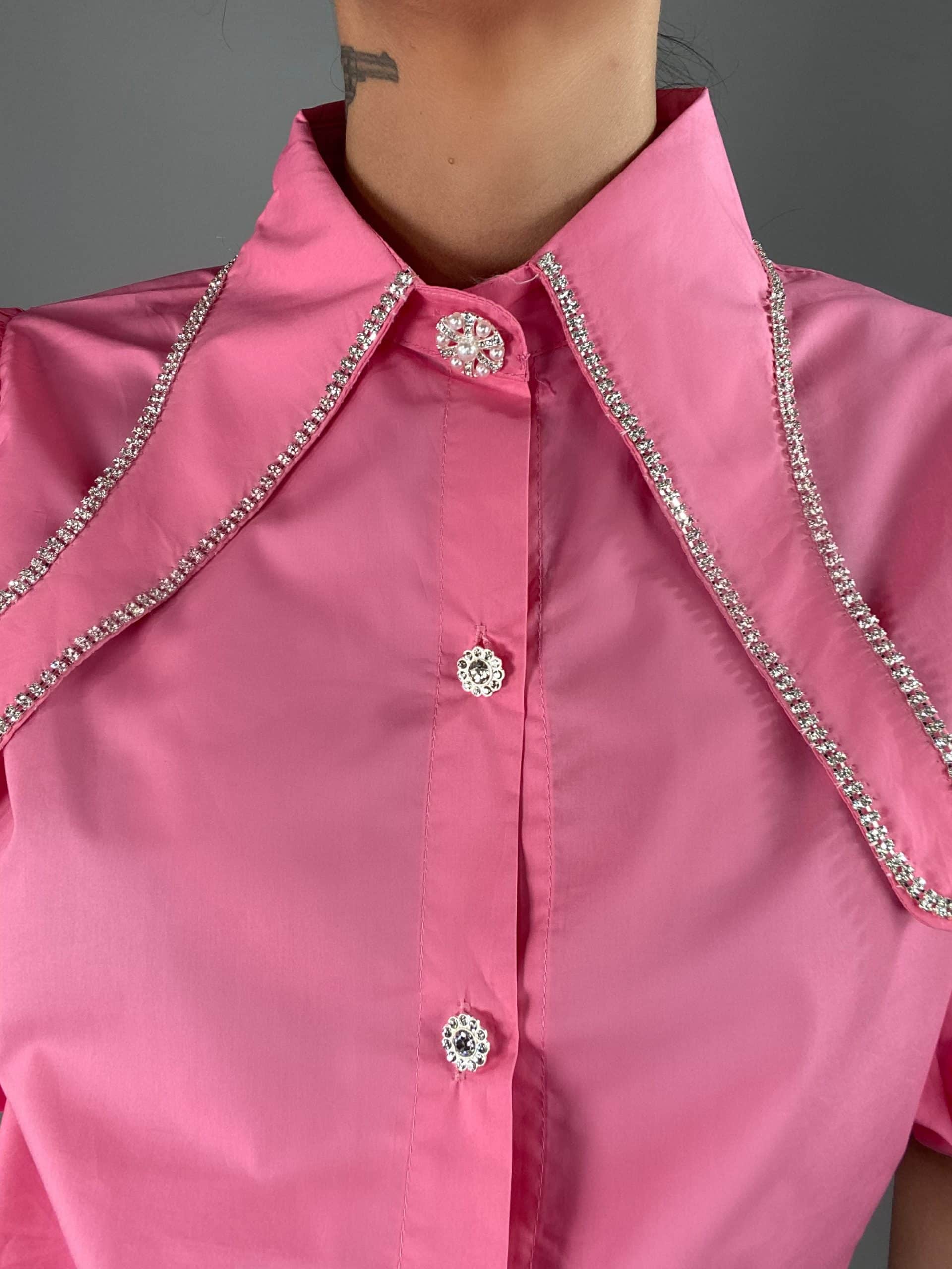 Camicia Maniche Palloncino Maxi Colletto con Strass - Rosa