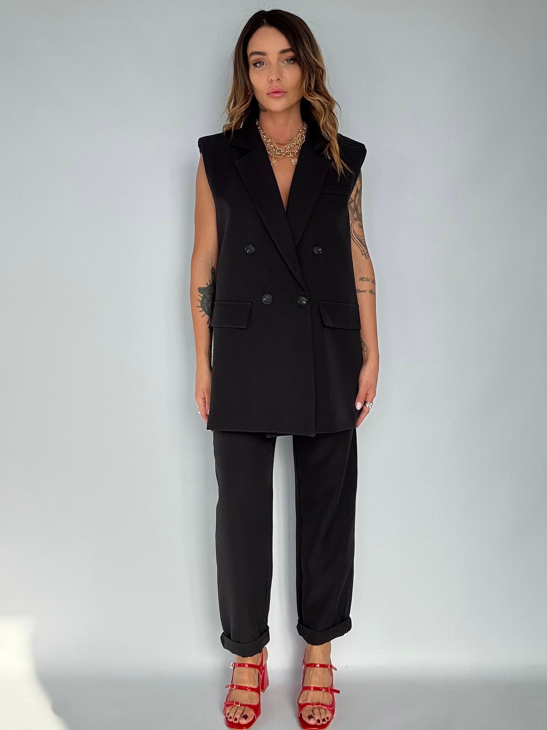 Completo Gilet Over e Pantaloni Pinces - Nero
