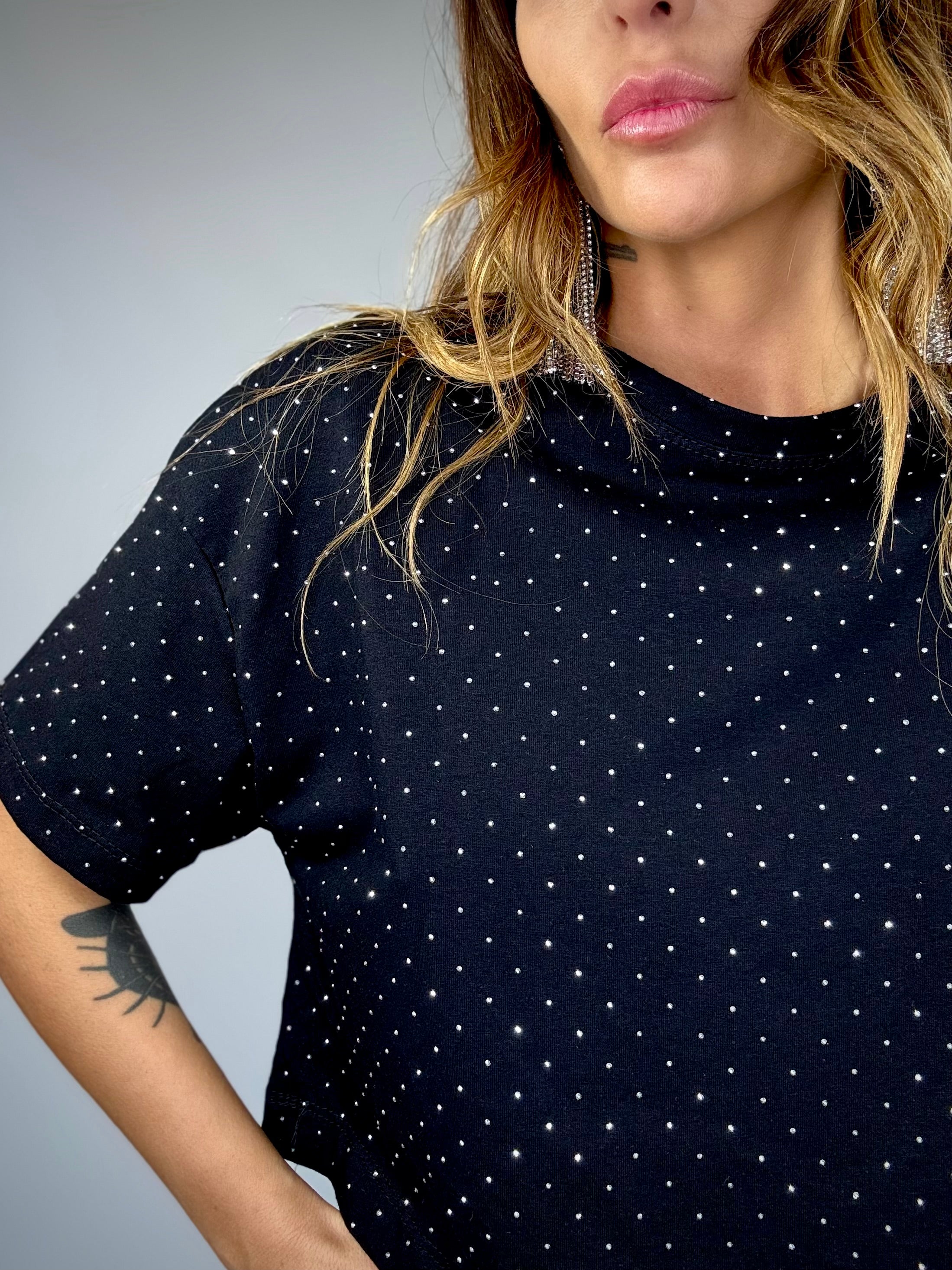 T-shirt Crop Strass - Nero