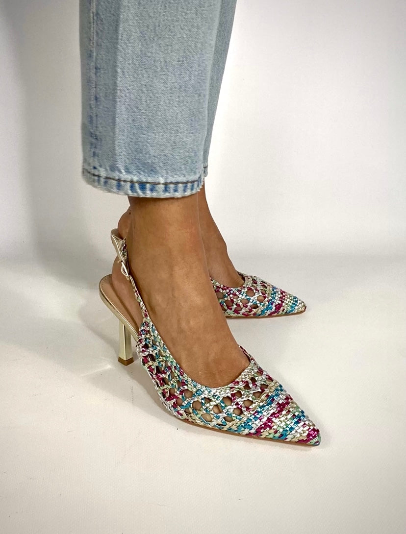 Slingback Rafia Medium Heels - Multicolor Verde / Fucsia