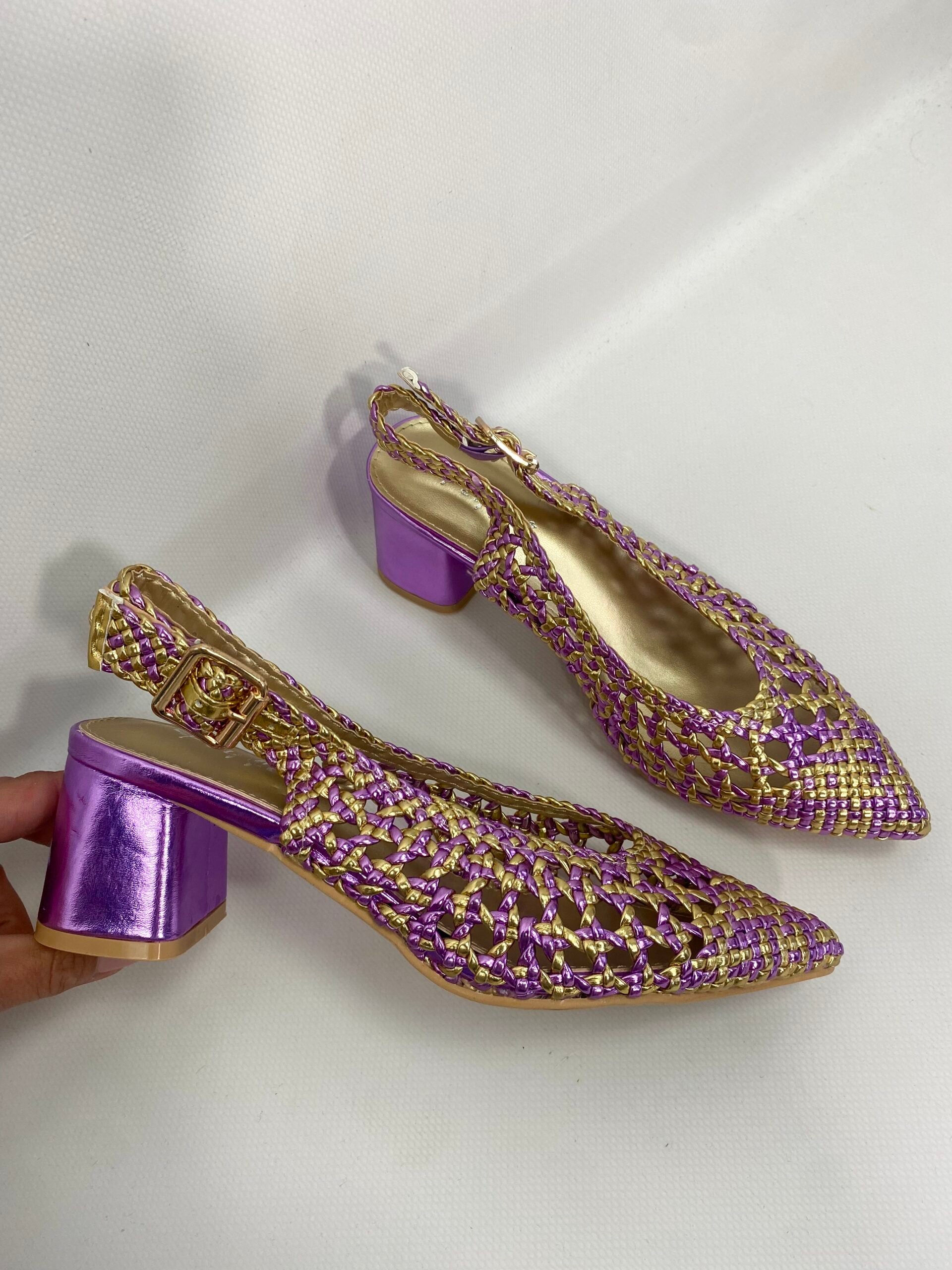 Slingback Rafia Comfort Medium Heels - Bicolor Lilla / Oro