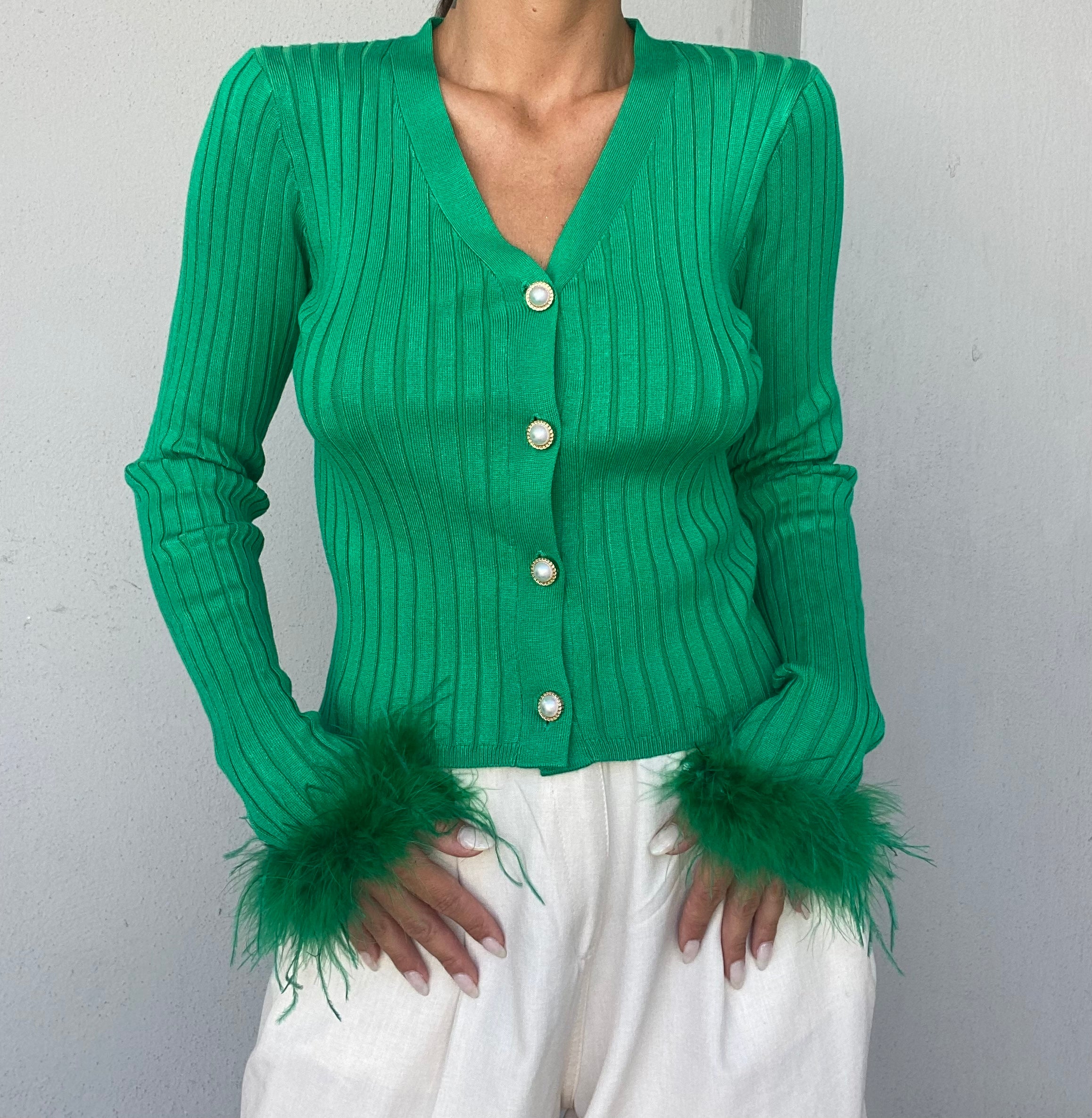 Cardigan Piume Bottoni Gioiello - Verde