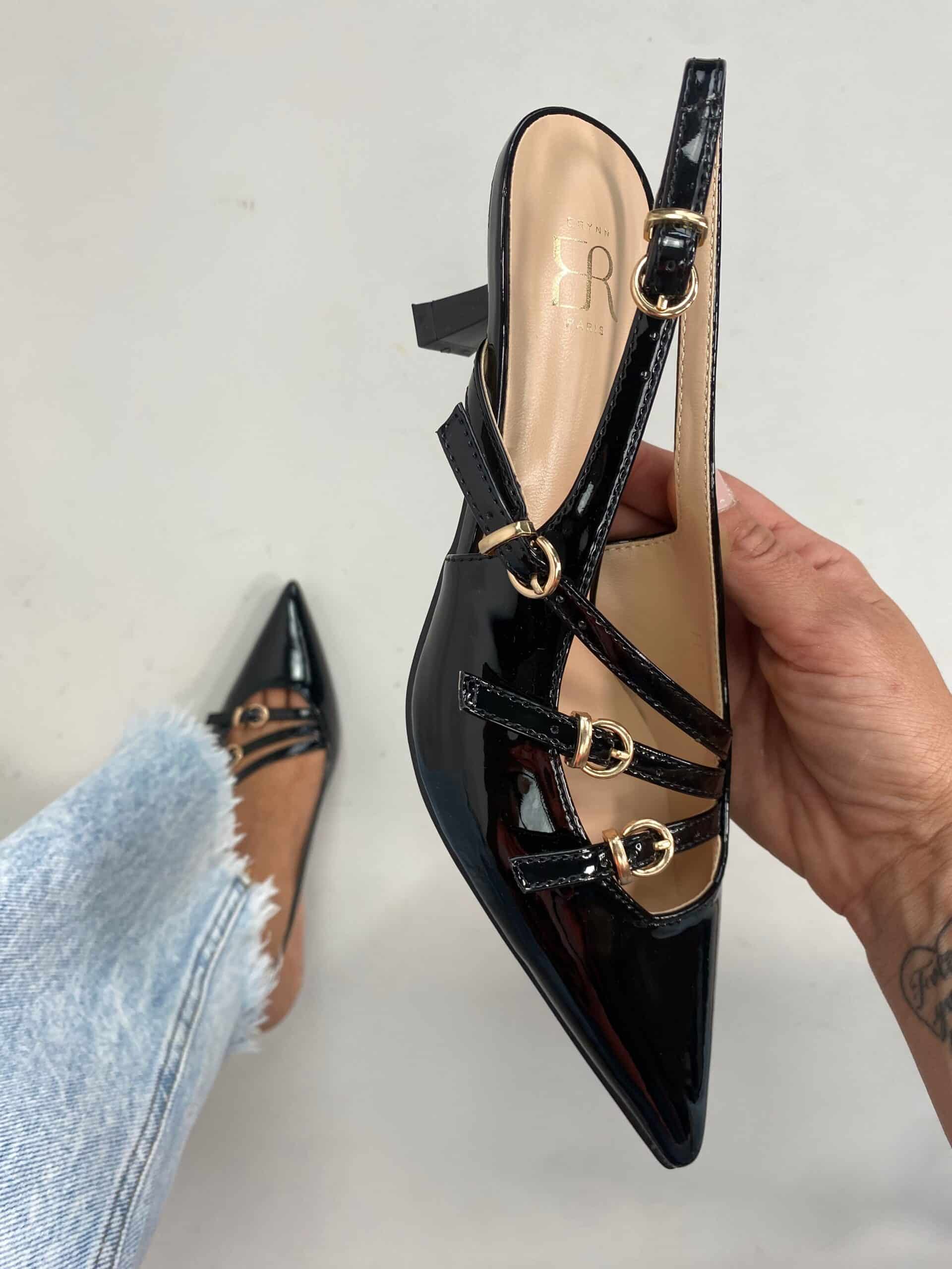 New Slingback con Cinturini e Fibbie Tacco Medio - Nero Vernice