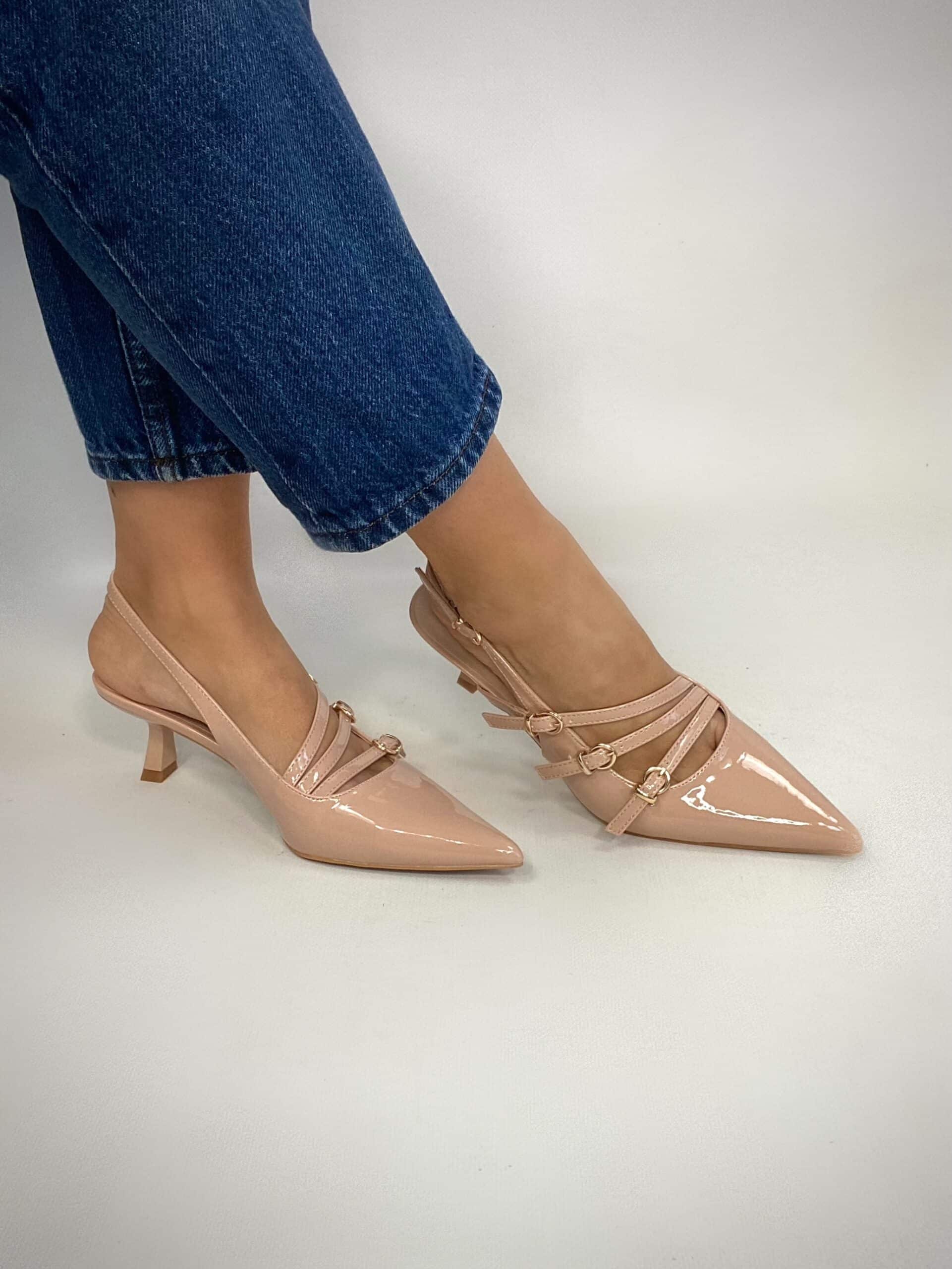 Slingback con Cinturini e Fibbie Tacco Medio - Nude