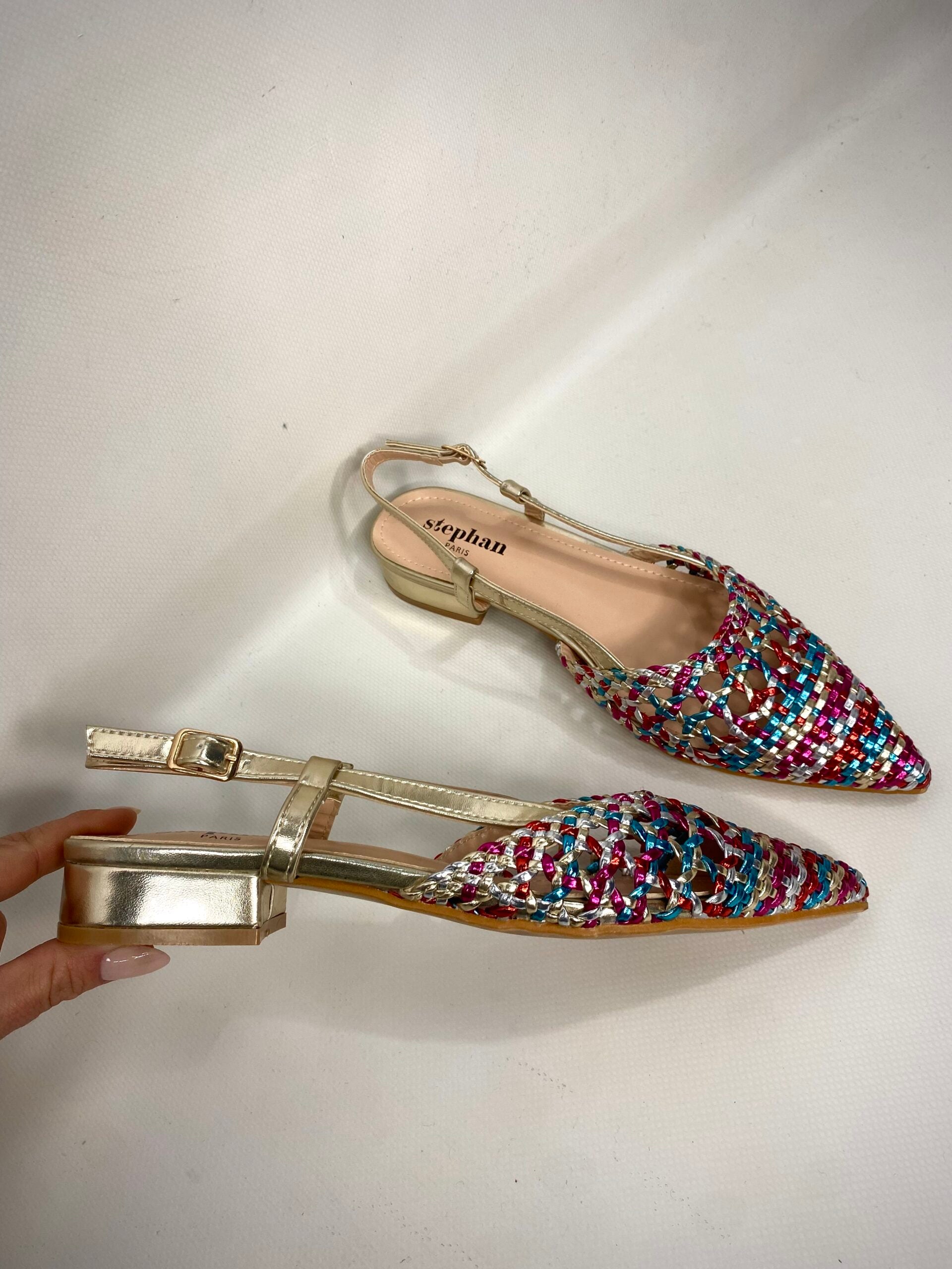 New Slingback Flat Rafia - Multicolor Verde / Fucsia