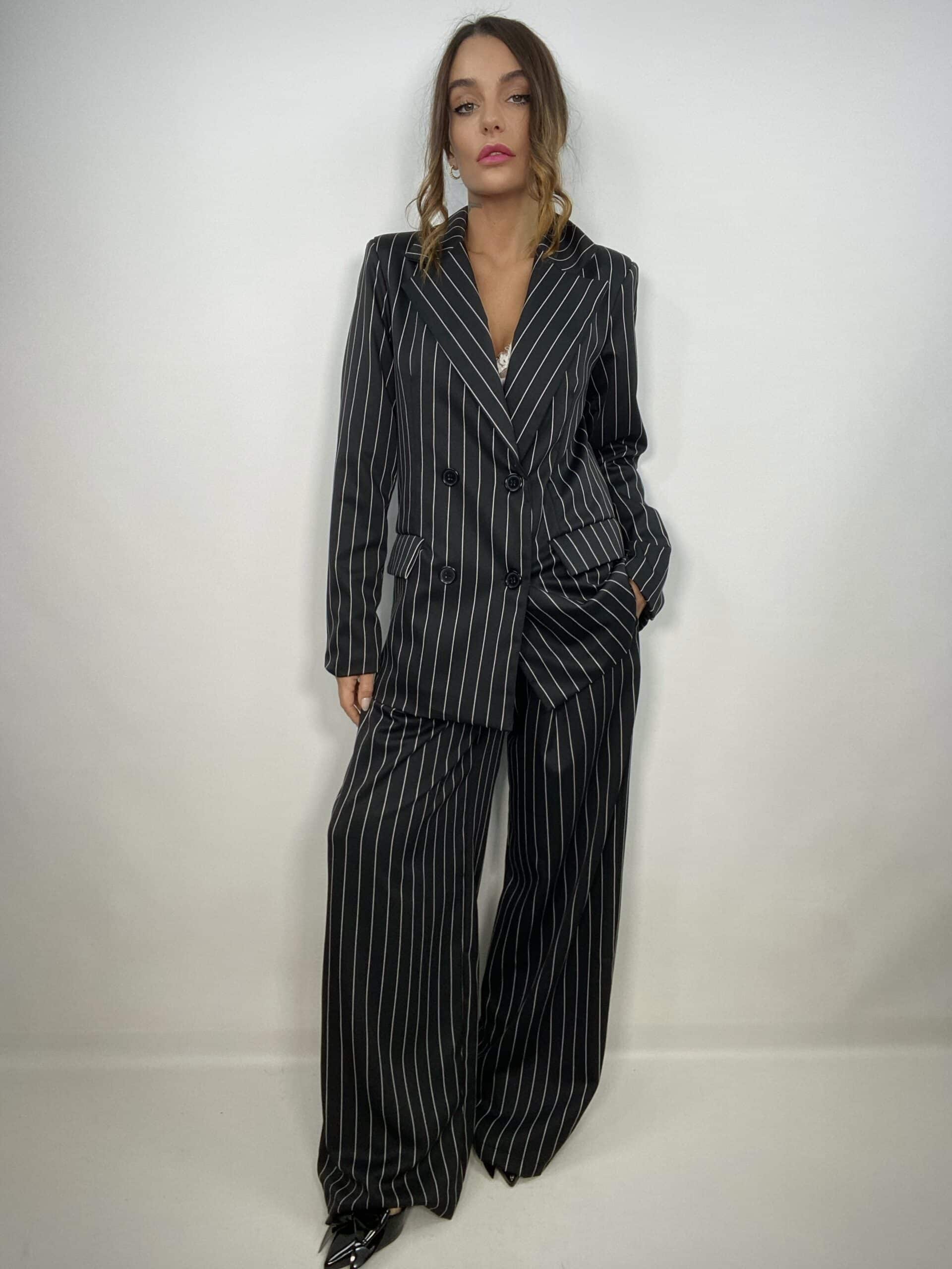 Completo Gessato Doppio Petto Pantaloni Ampi - Nero