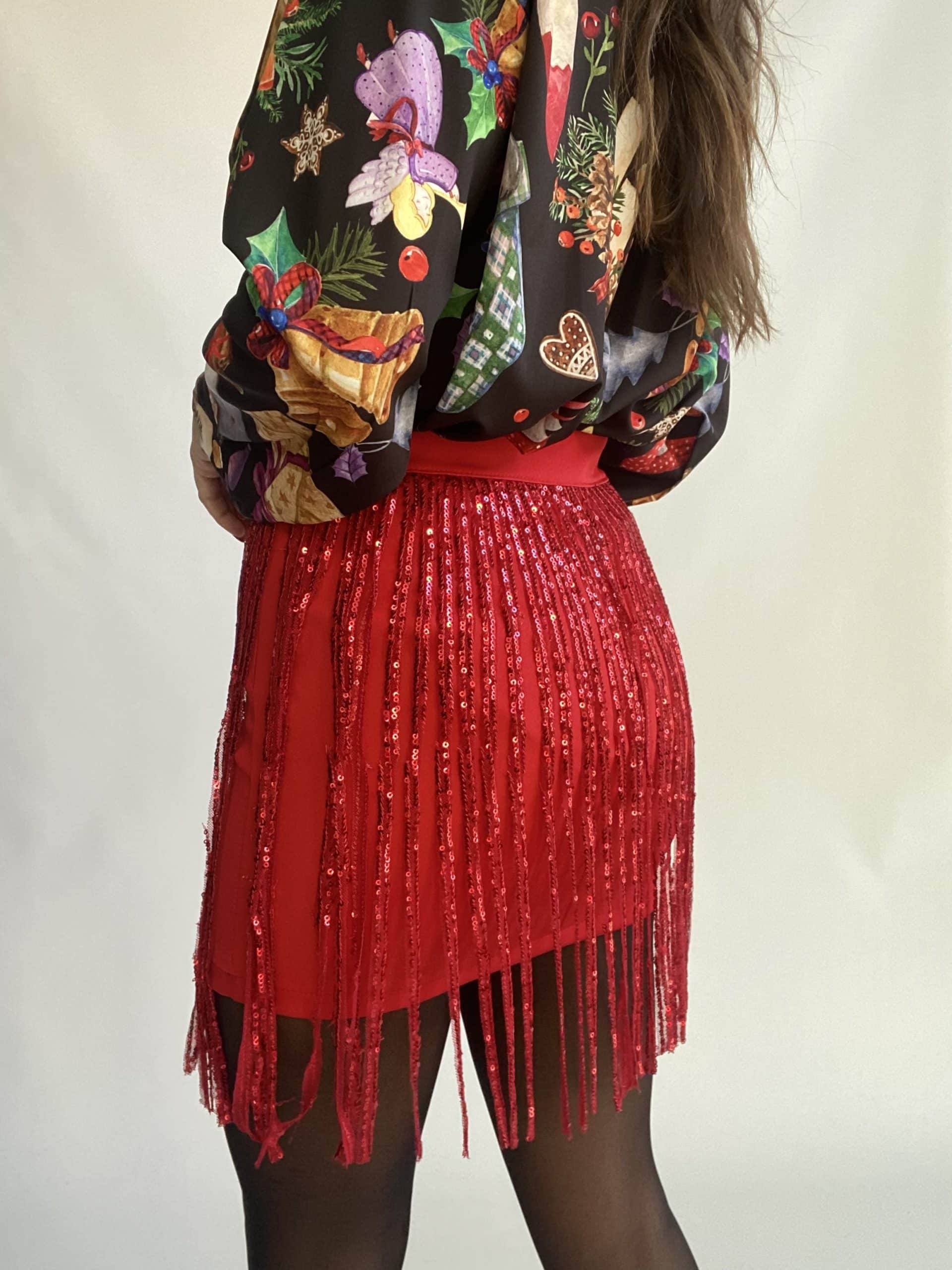 Mini Gonna Frange Paillettes - Rosso