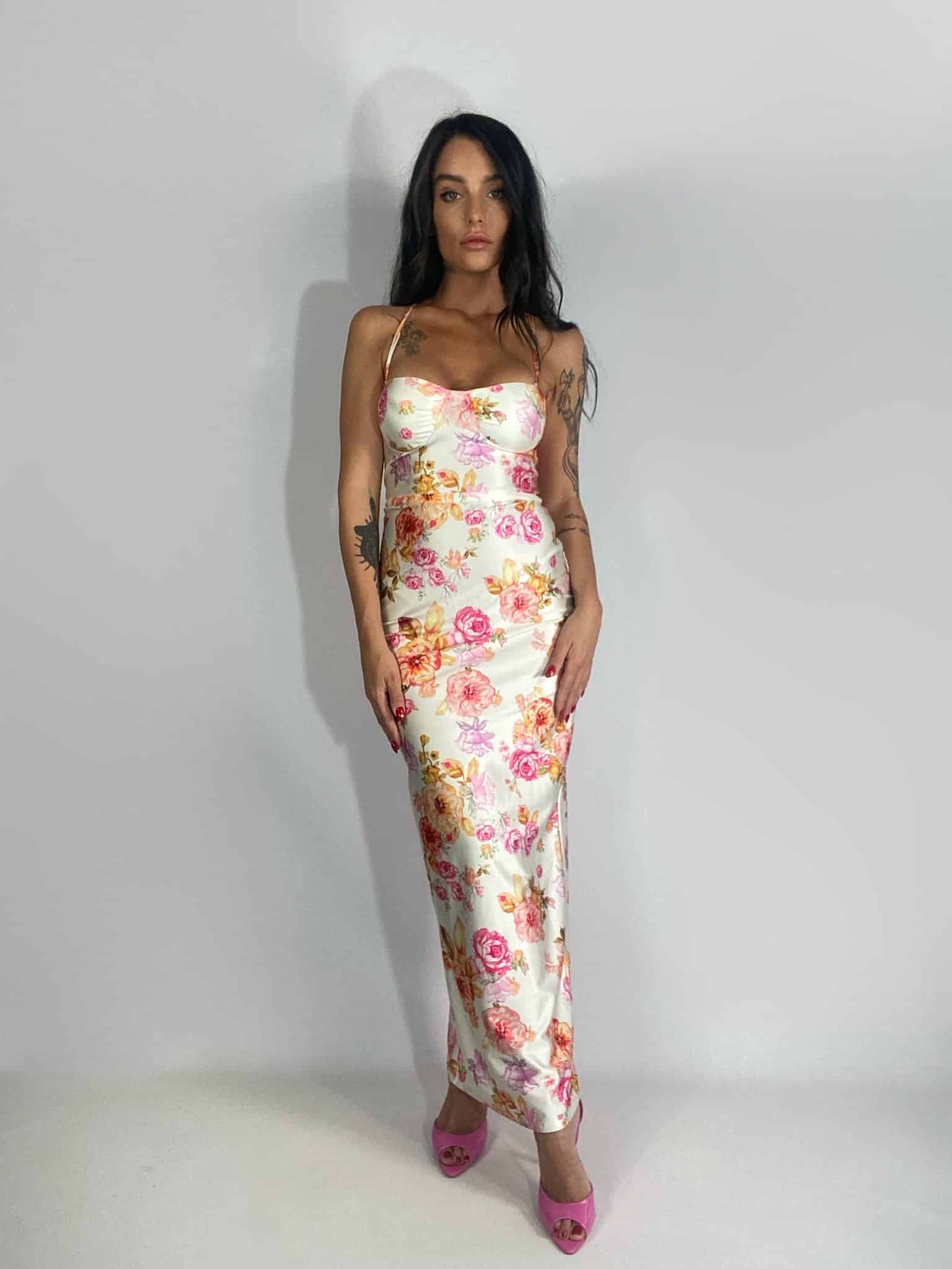 Bodycon Dress Flowers - Bianco