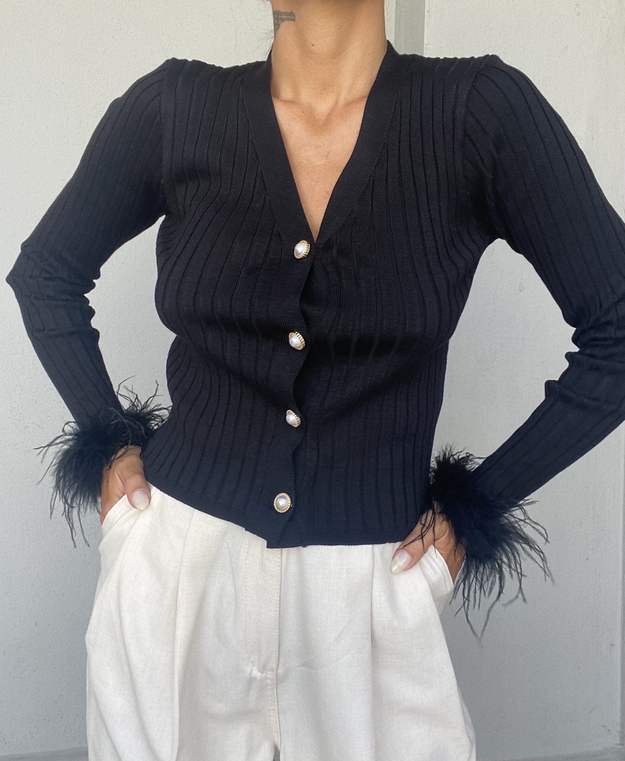 Cardigan Piume Bottoni Gioiello - Verde