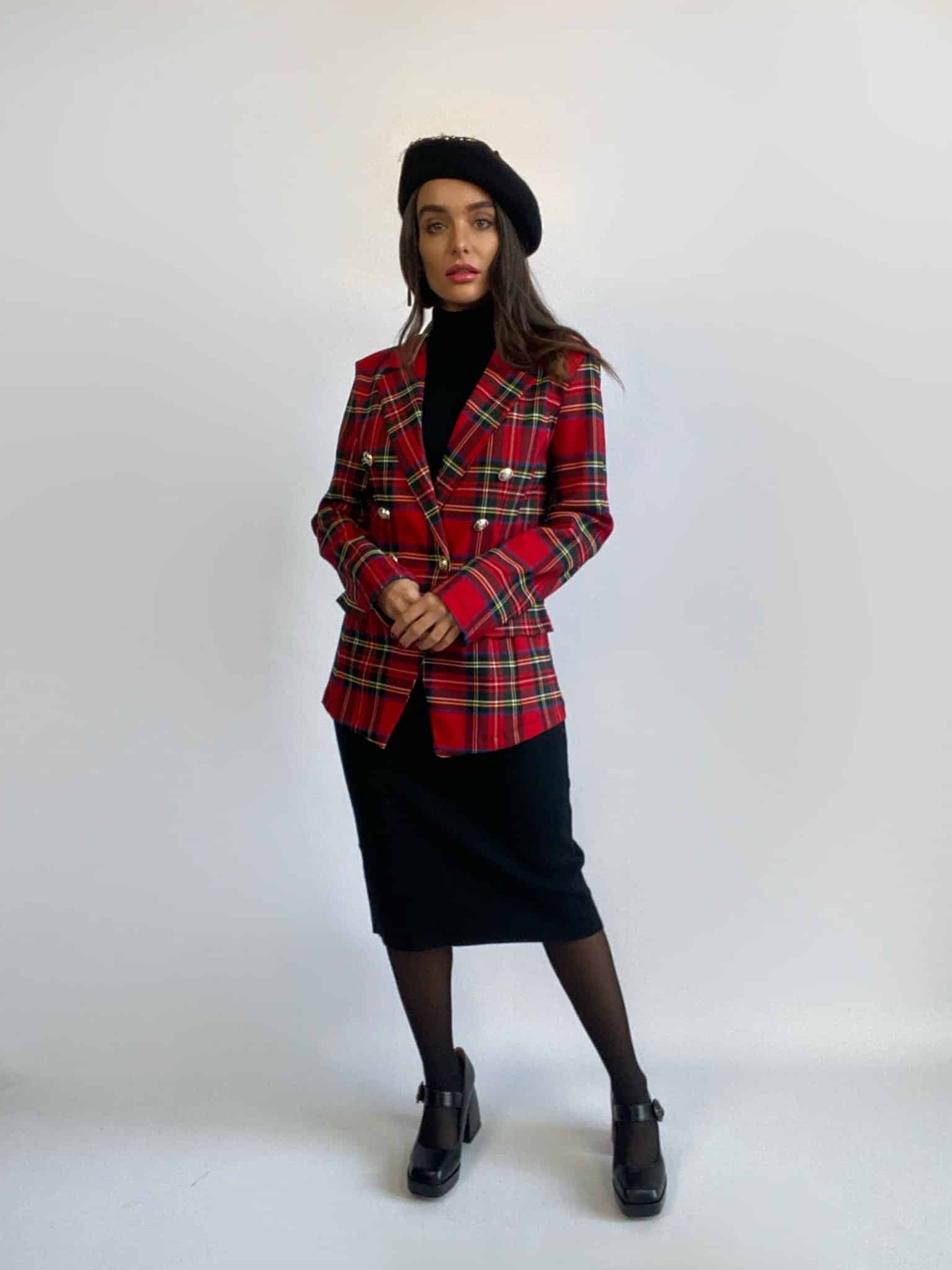 Blazer Tartan Bottoni Gioiello - Rosso