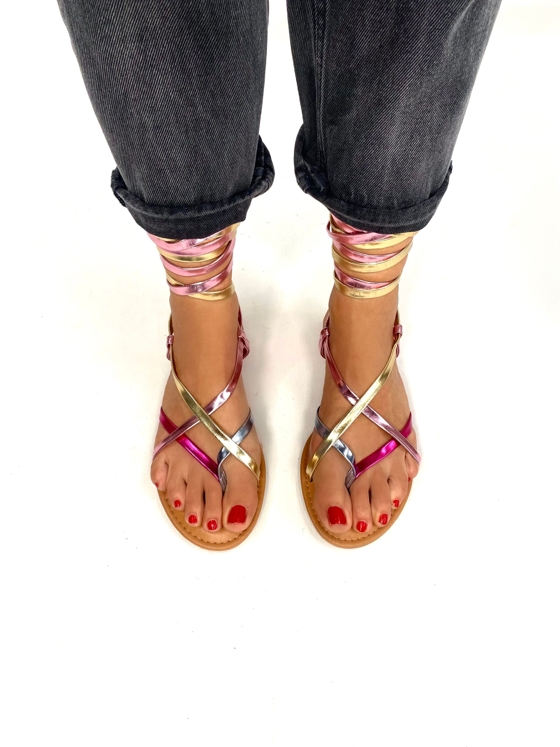 New Sandali Flat Alla Schiava - Multicolor Oro / Fucsia