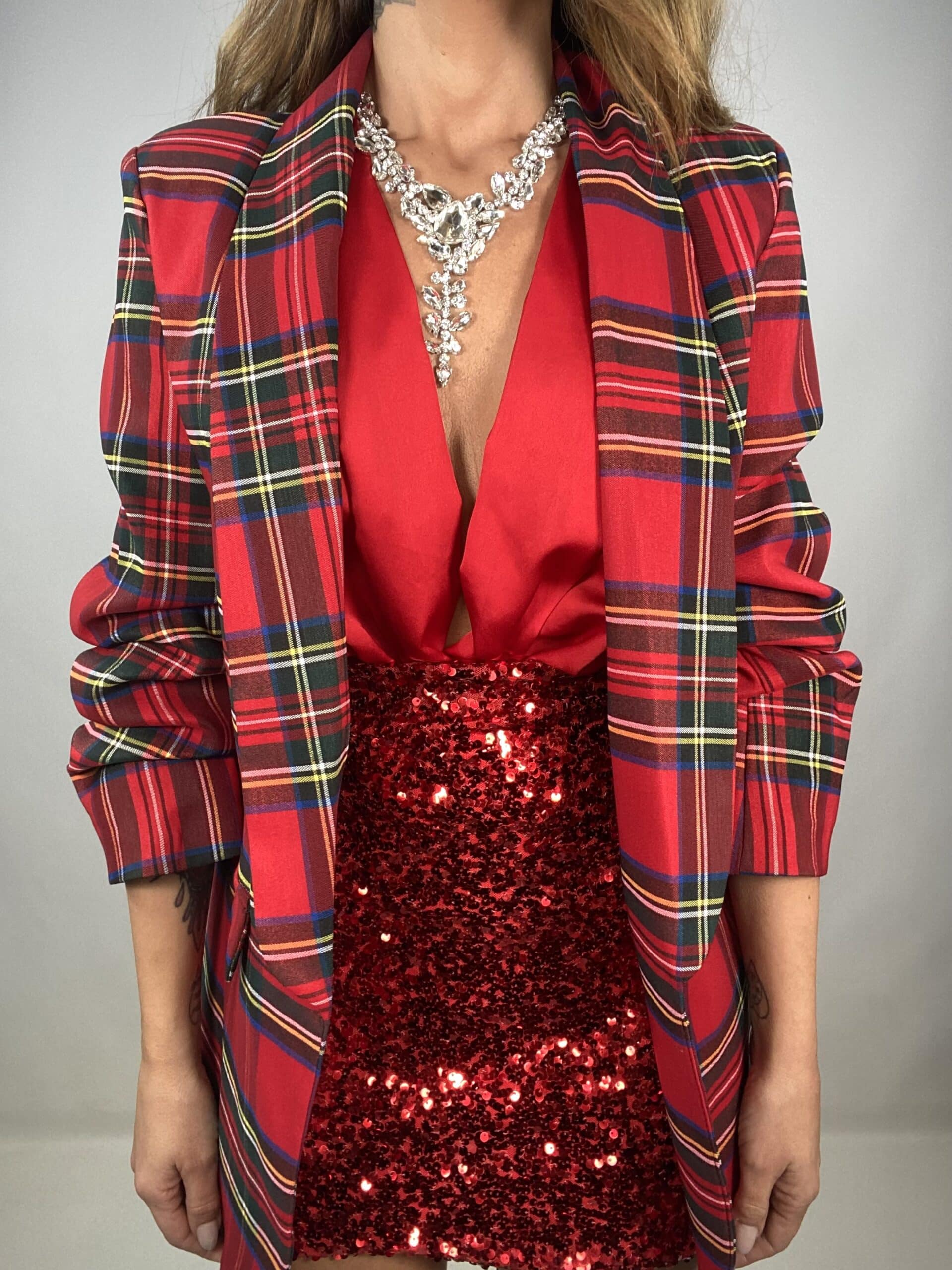 Blazer Tartan Aperto con Maniche Arricciate - Rosso