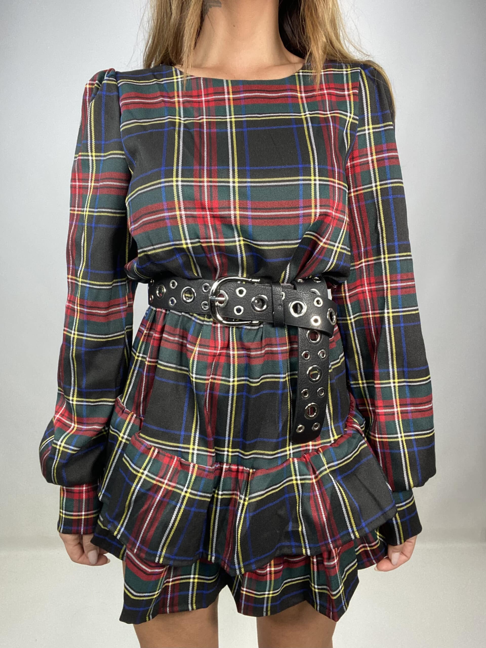 Mini Dress Tartan Con Balze - Nero.