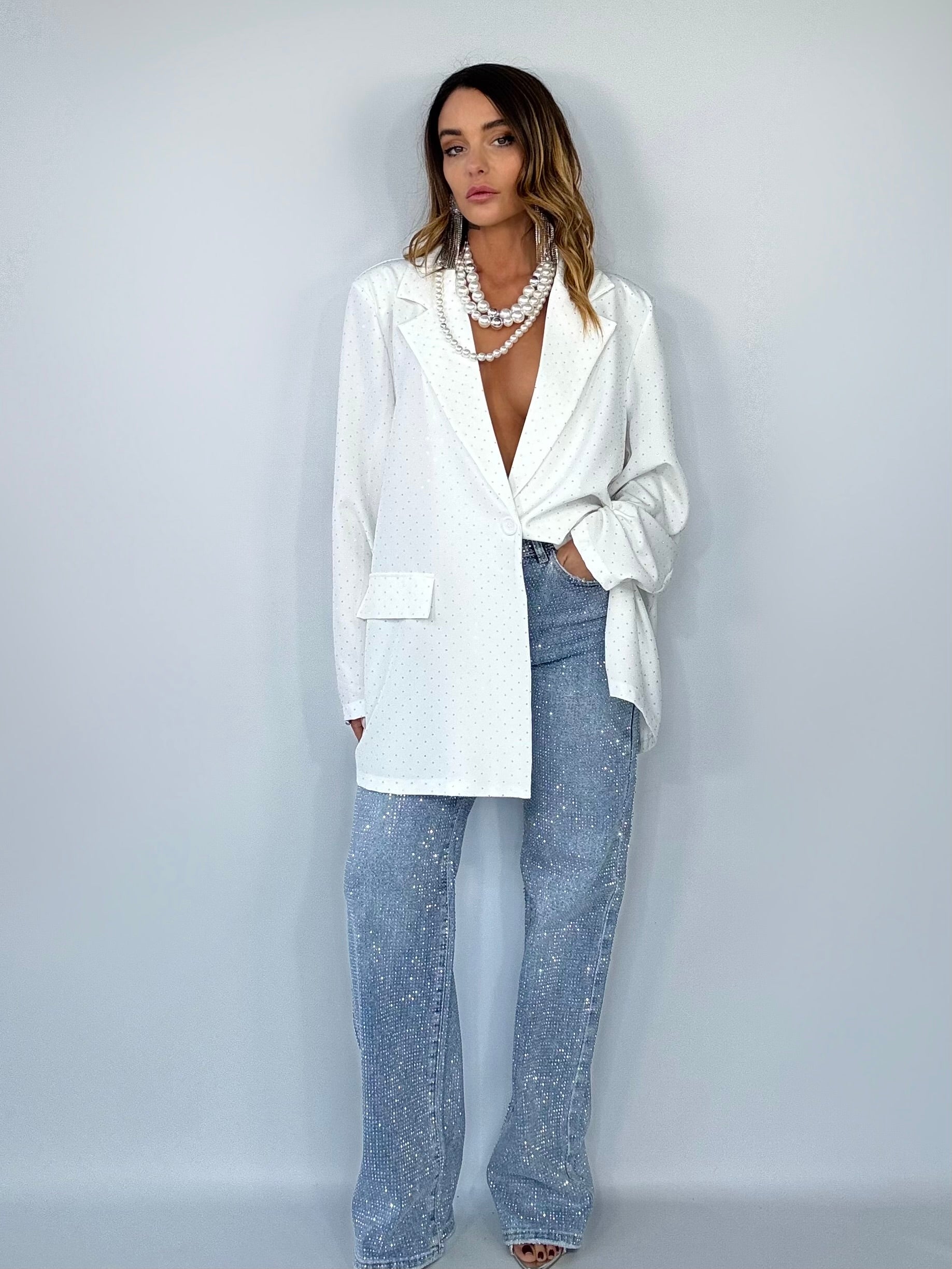 Blazer Super Over Strass - Bianco