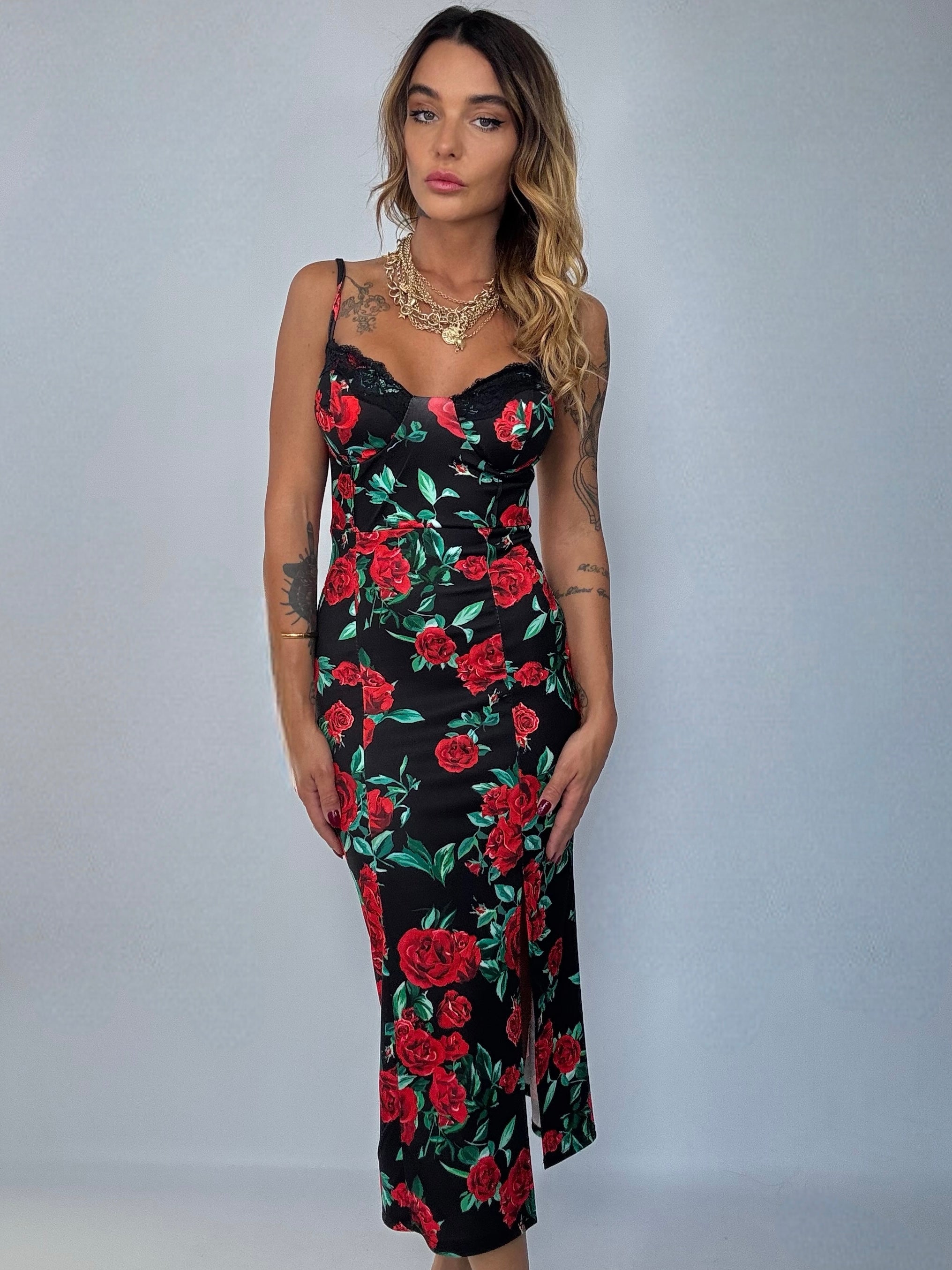 Midi Dress Rose Rosse  - Nero