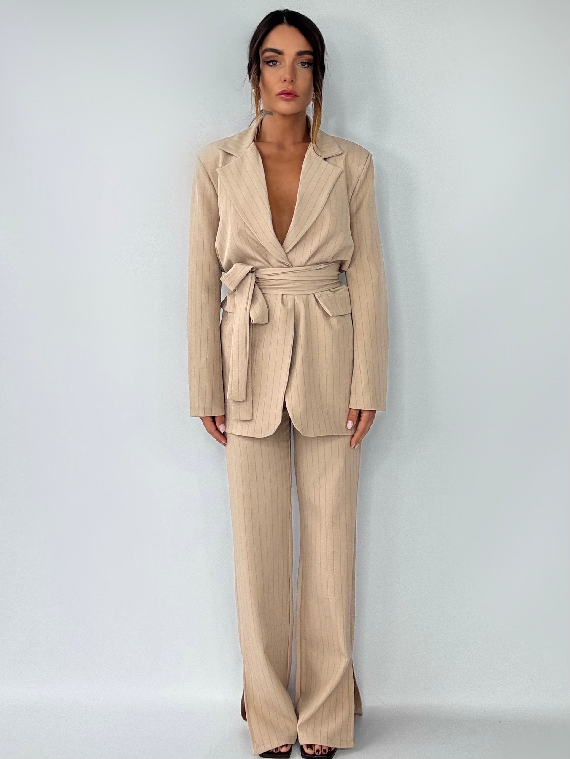 Completo Over Kimono - Gessato Beige/ Nero