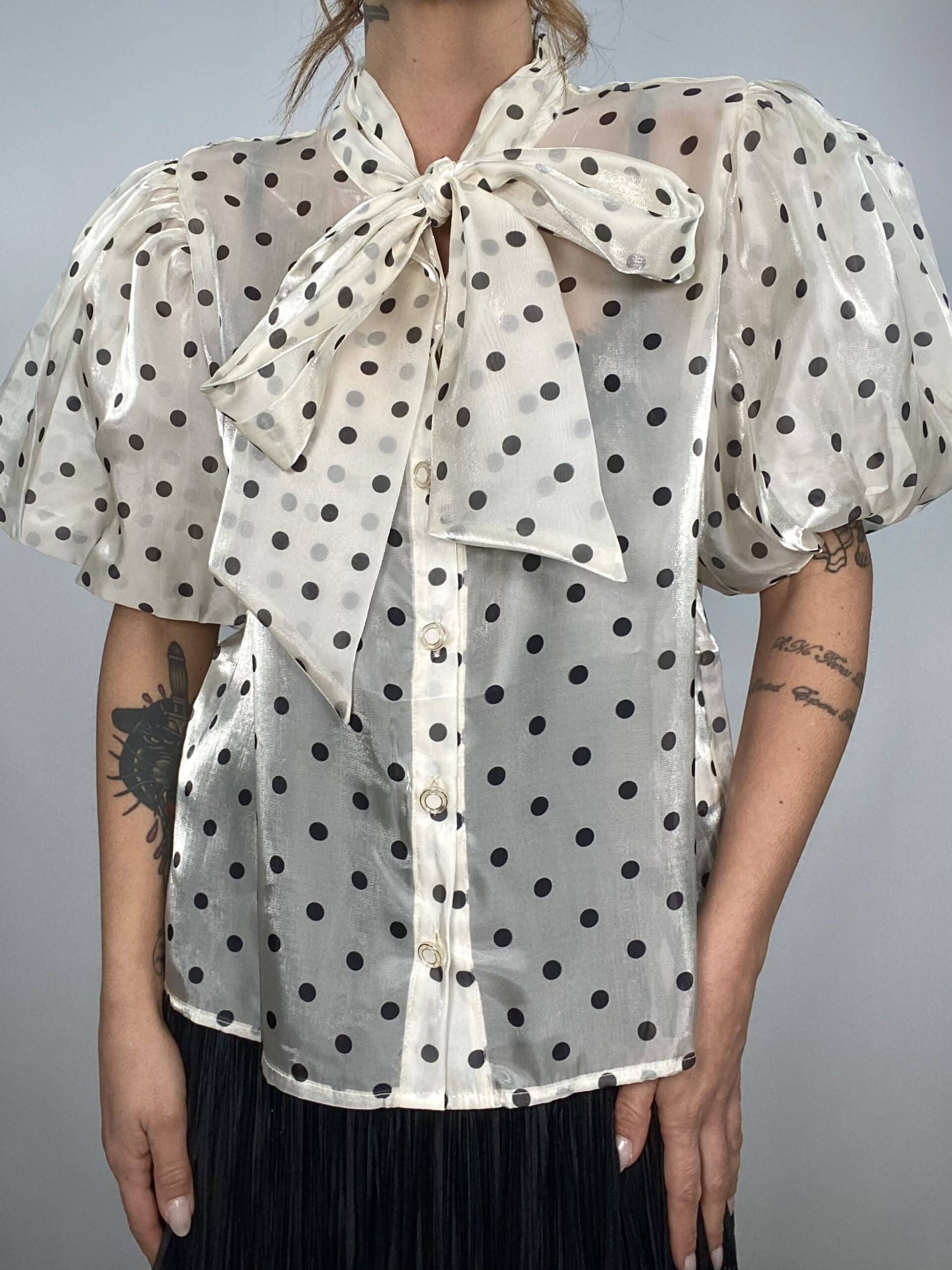 Camicia Pois Con Maniche a Palloncino e Fiocco - Panna / Nero