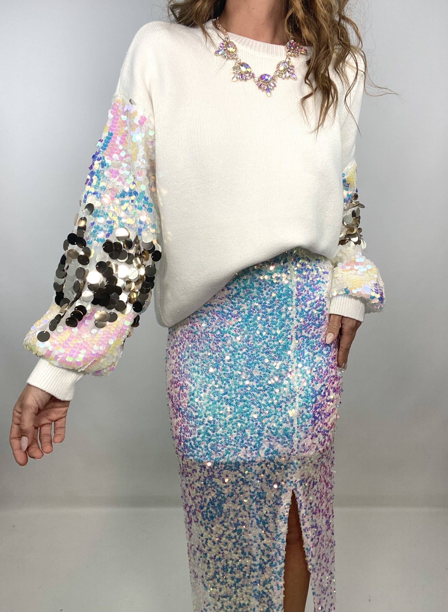 Gonna Midi Paillettes - Bianco Cangiante