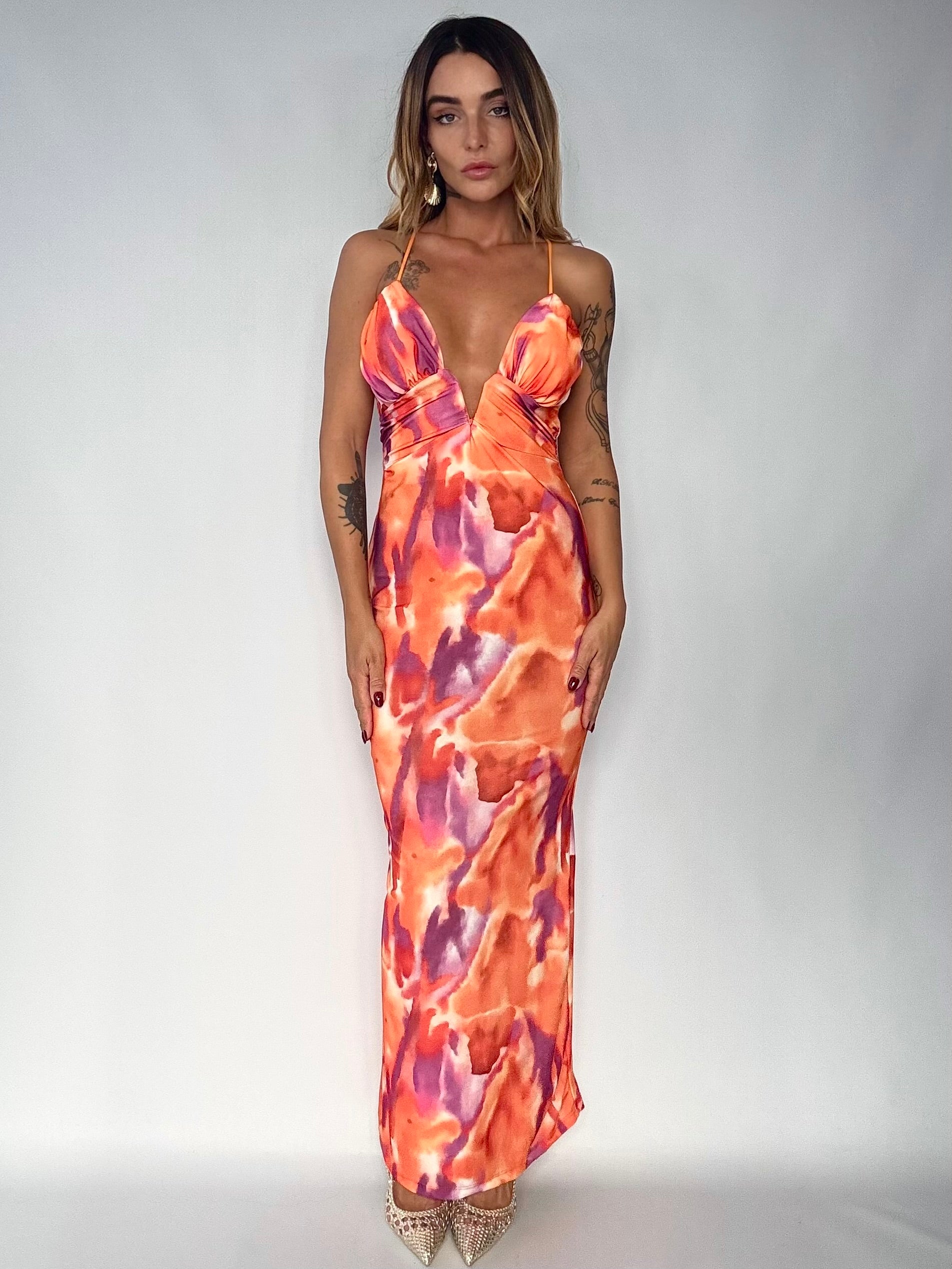 Maxi Dress Shadow Vneck - Arancio/ Viola