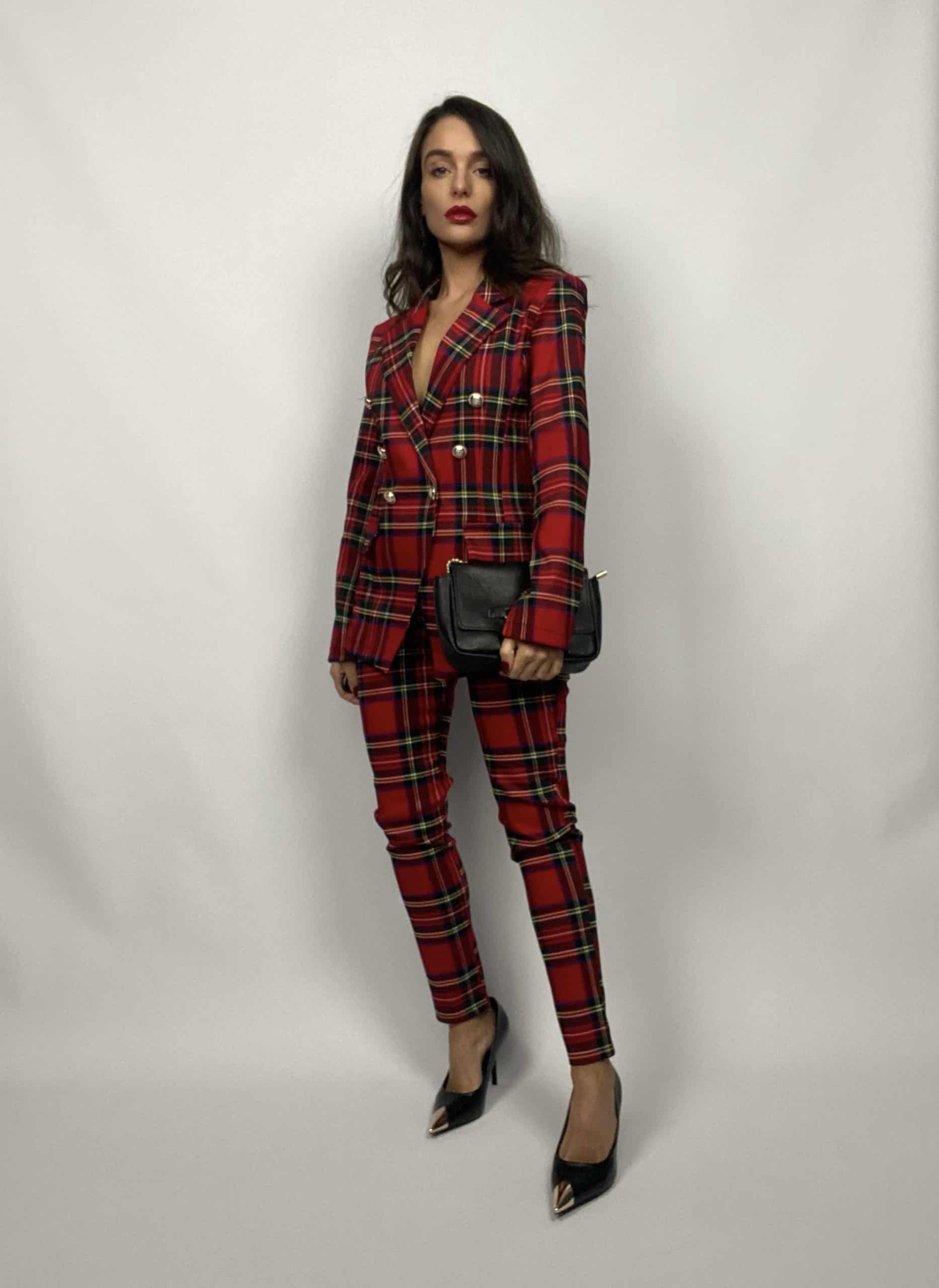 Blazer Tartan Bottoni Gioiello - Rosso