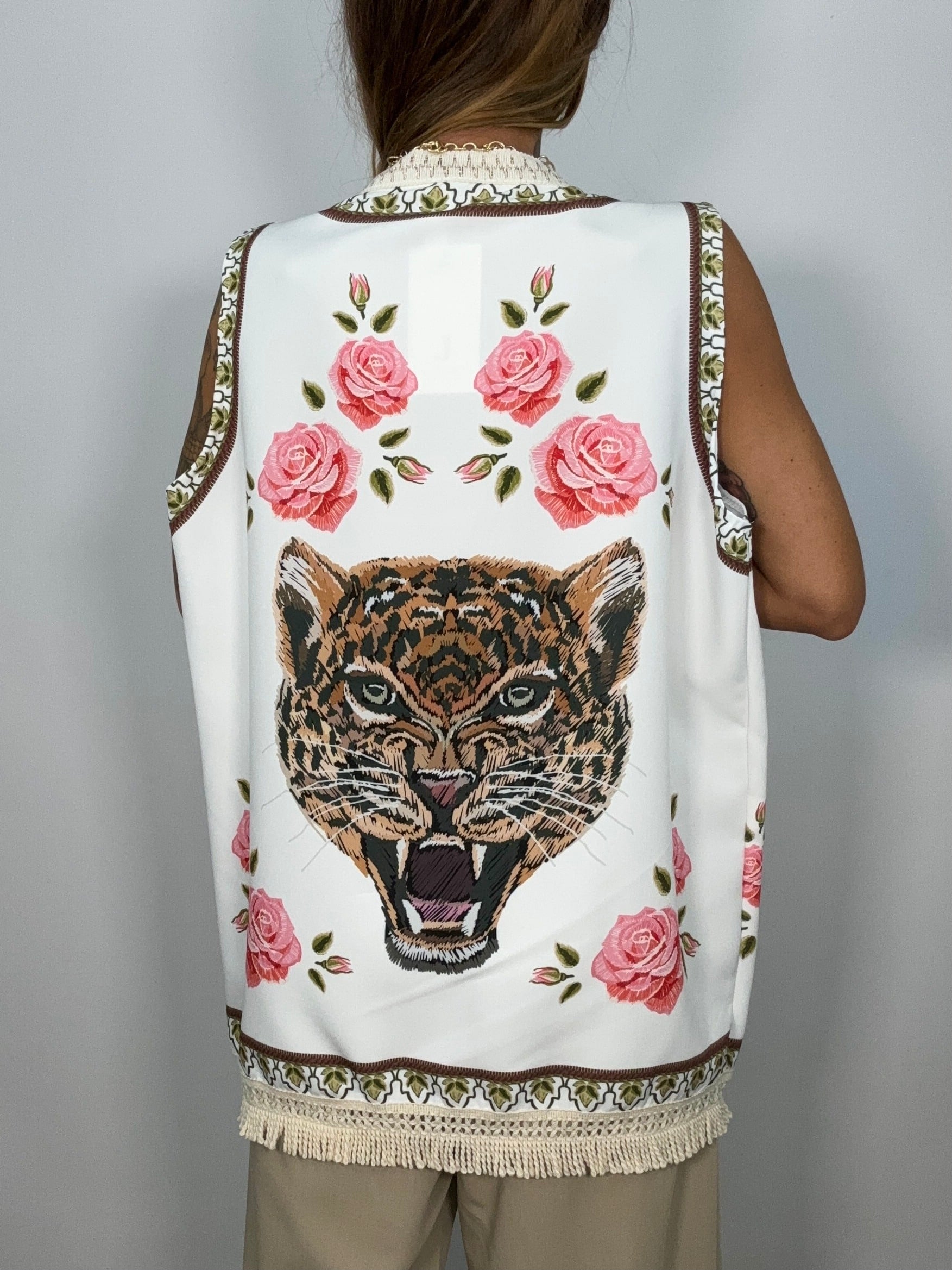 Gilet Over Stampa Leopardo con Frange