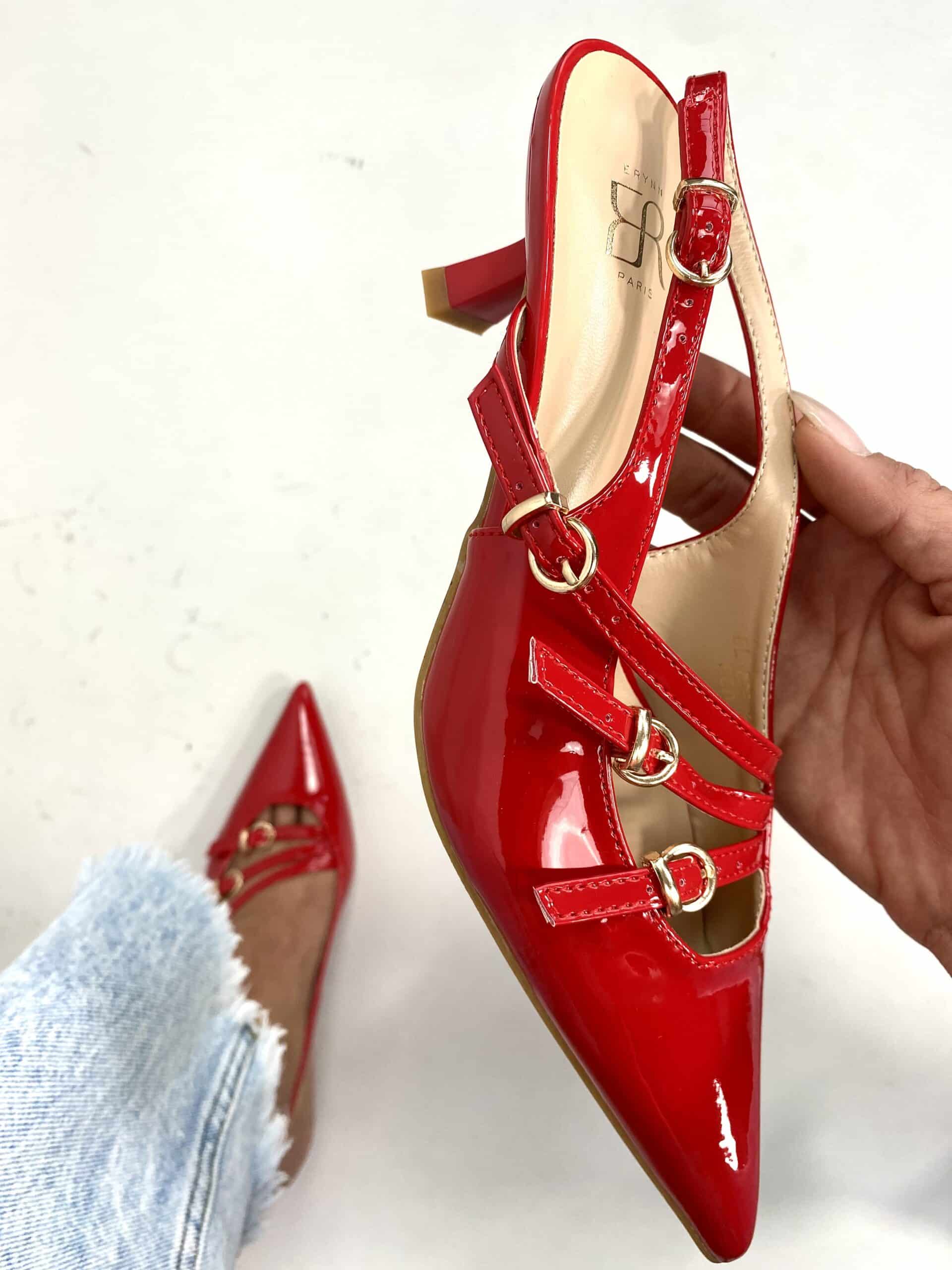 New Slingback con Cinturini e Fibbie Tacco Medio - Rosso Vernice