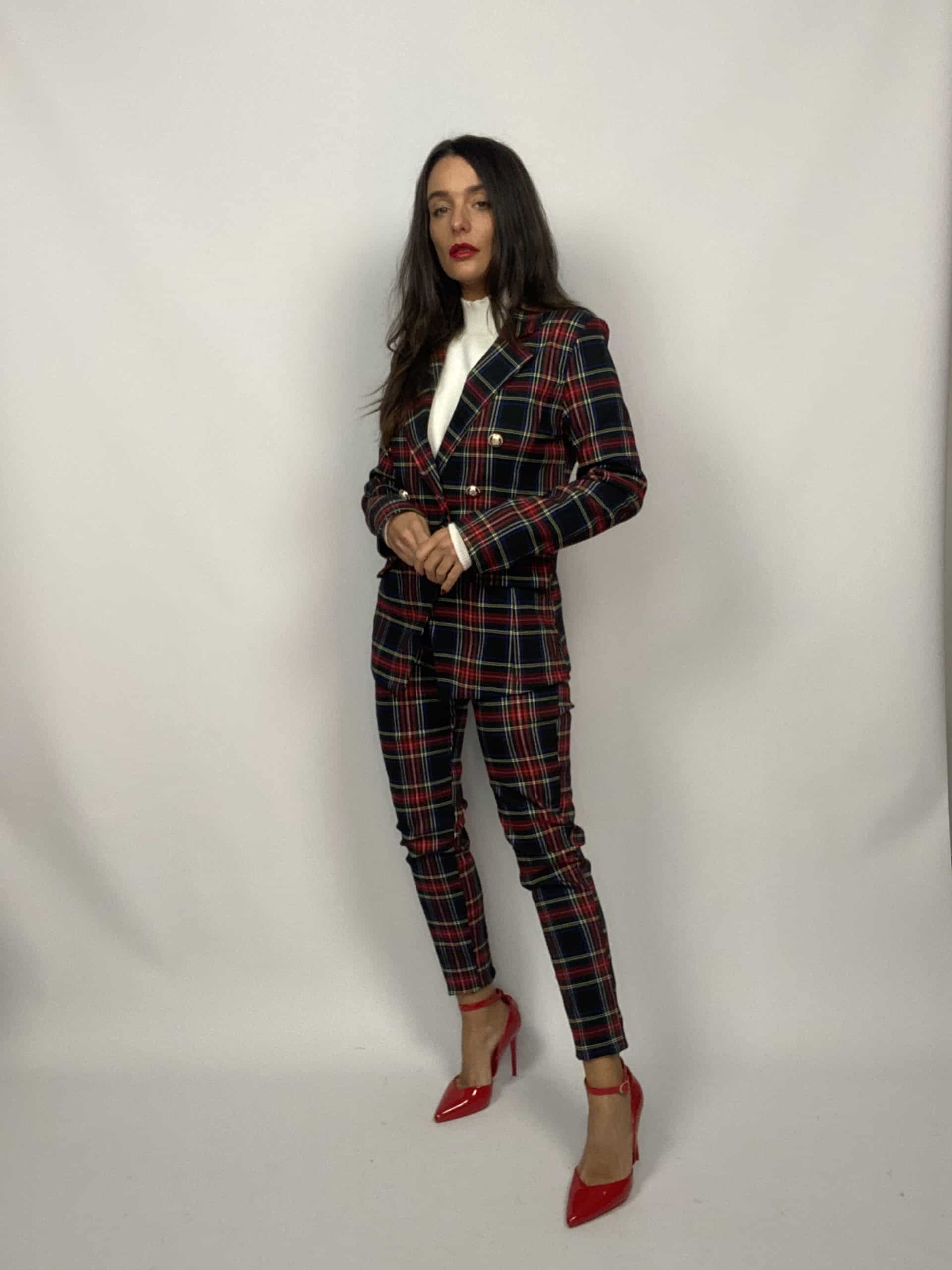 Blazer Tartan Bottoni Gioiello - Nero