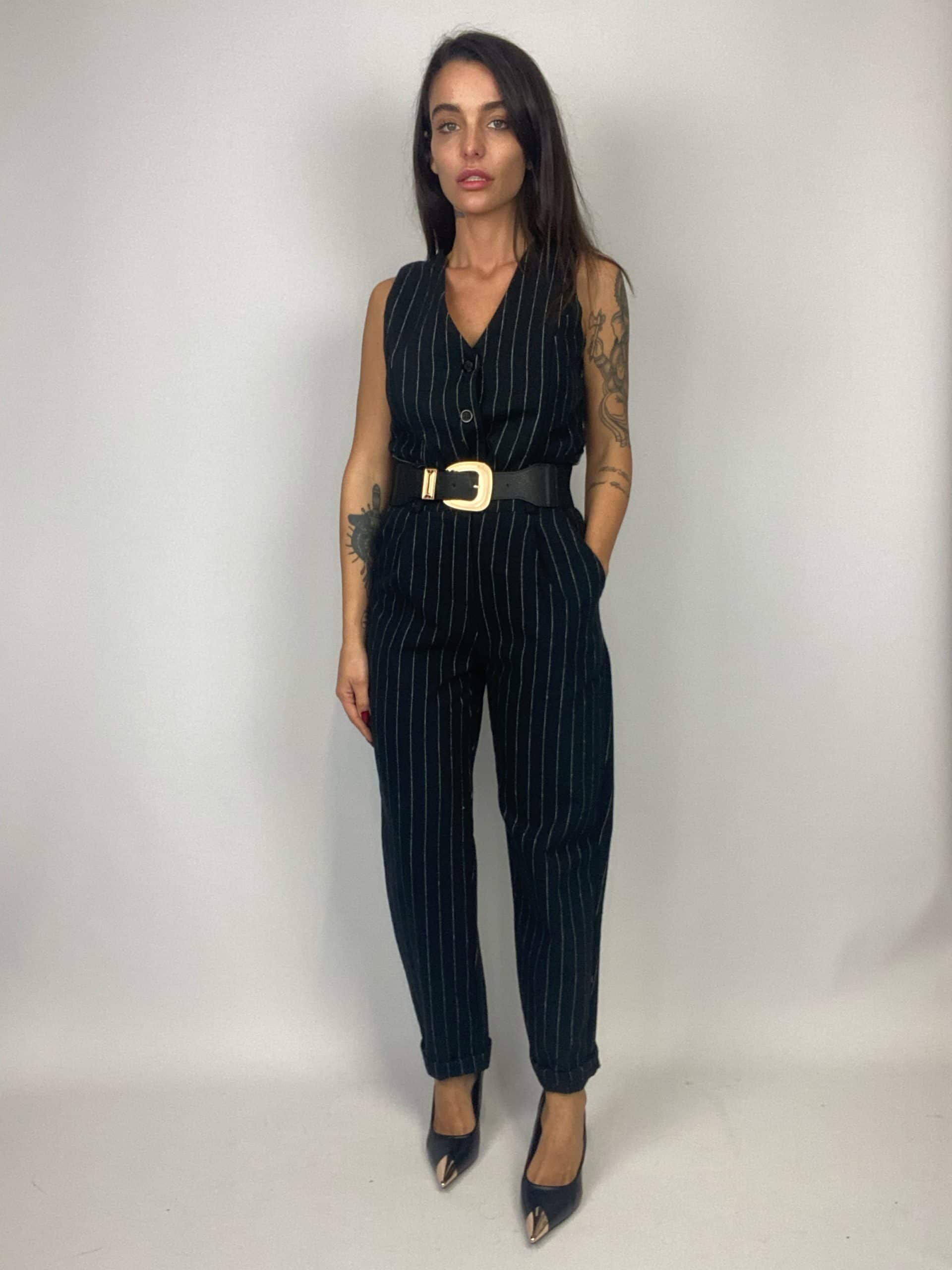 Gilet Completo Gessato Flanella - Nero