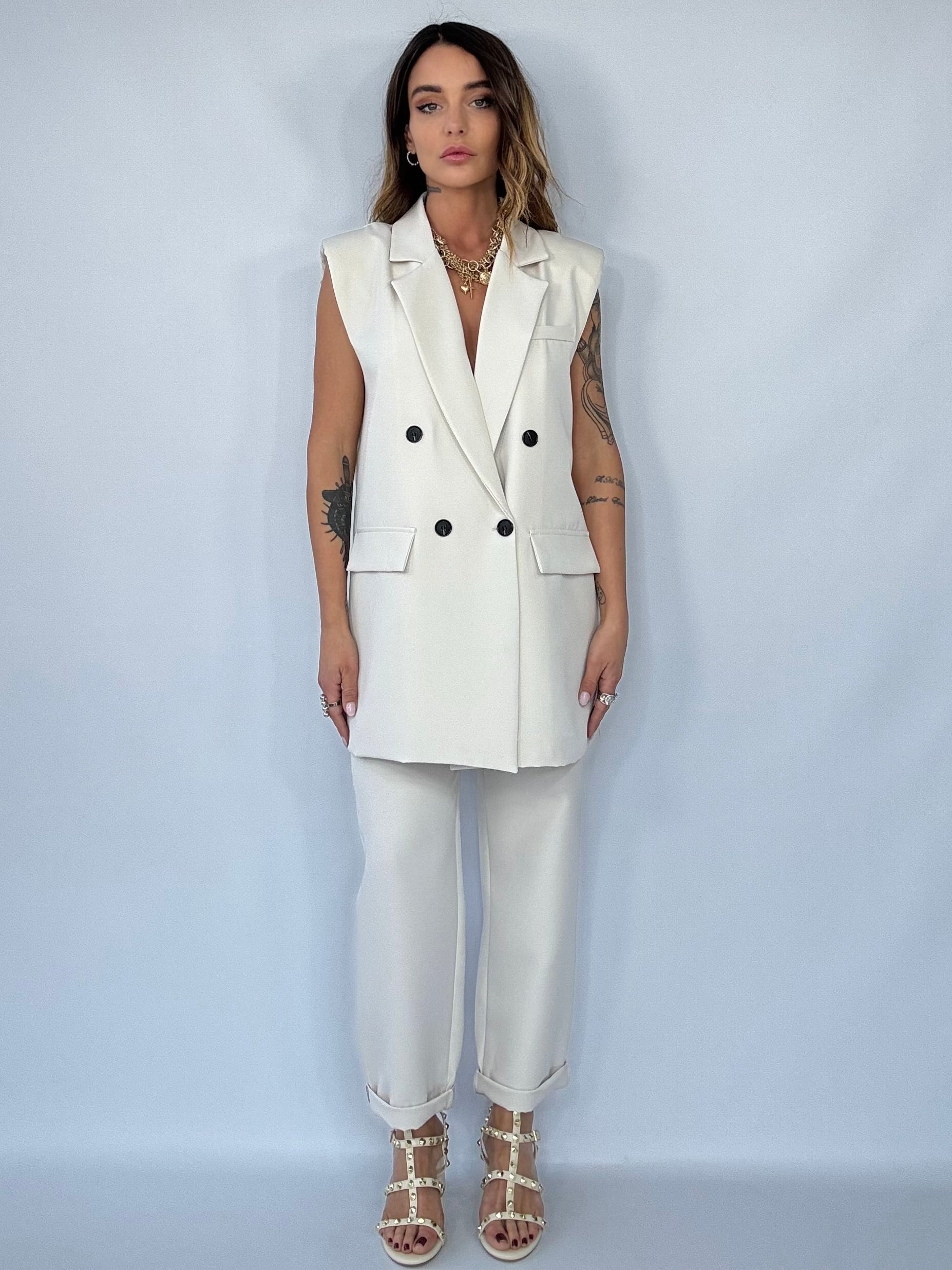 Completo Gilet Over e Pantaloni Pinces - Bianco Panna