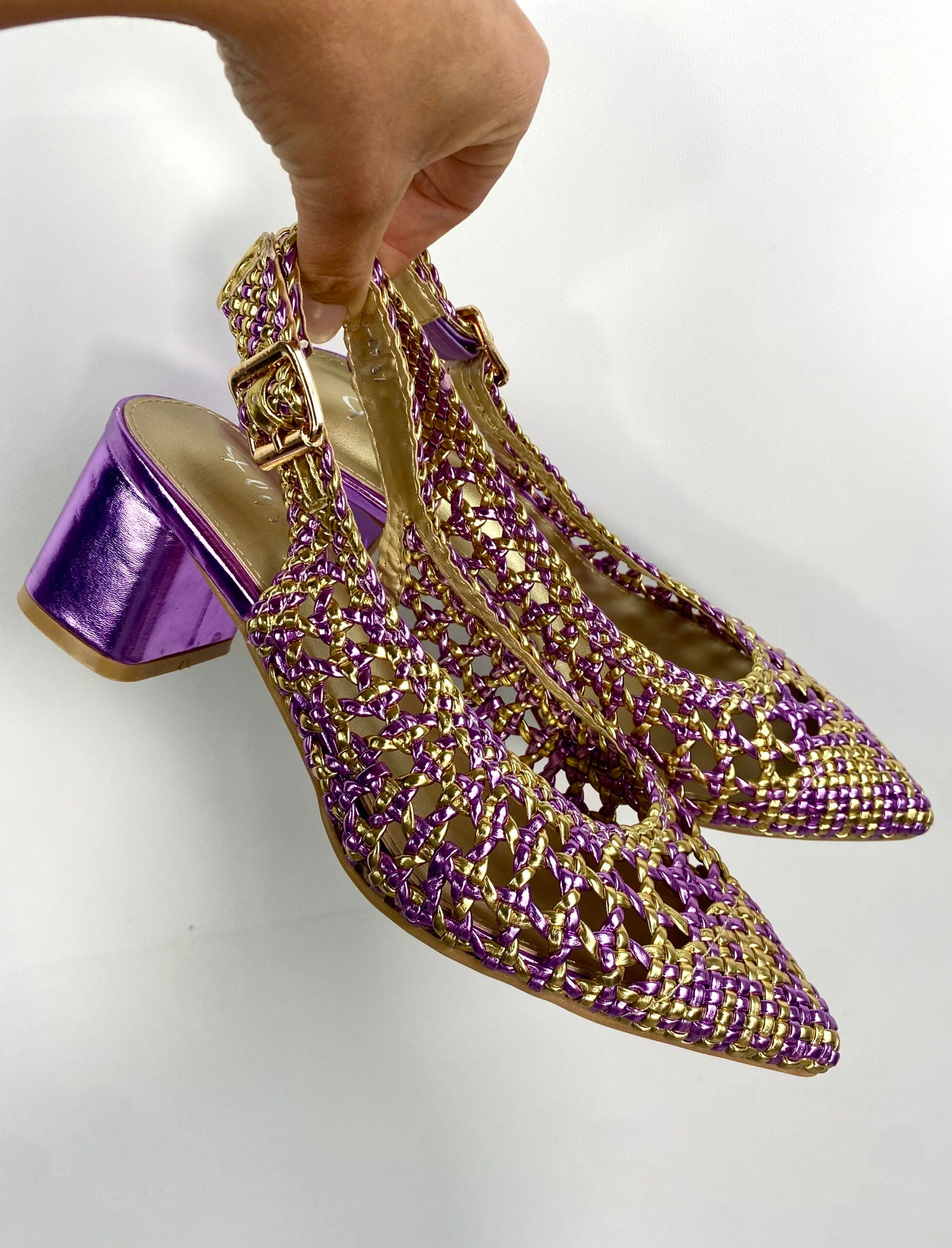 Slingback Rafia Comfort Medium Heels - Bicolor Lilla / Oro