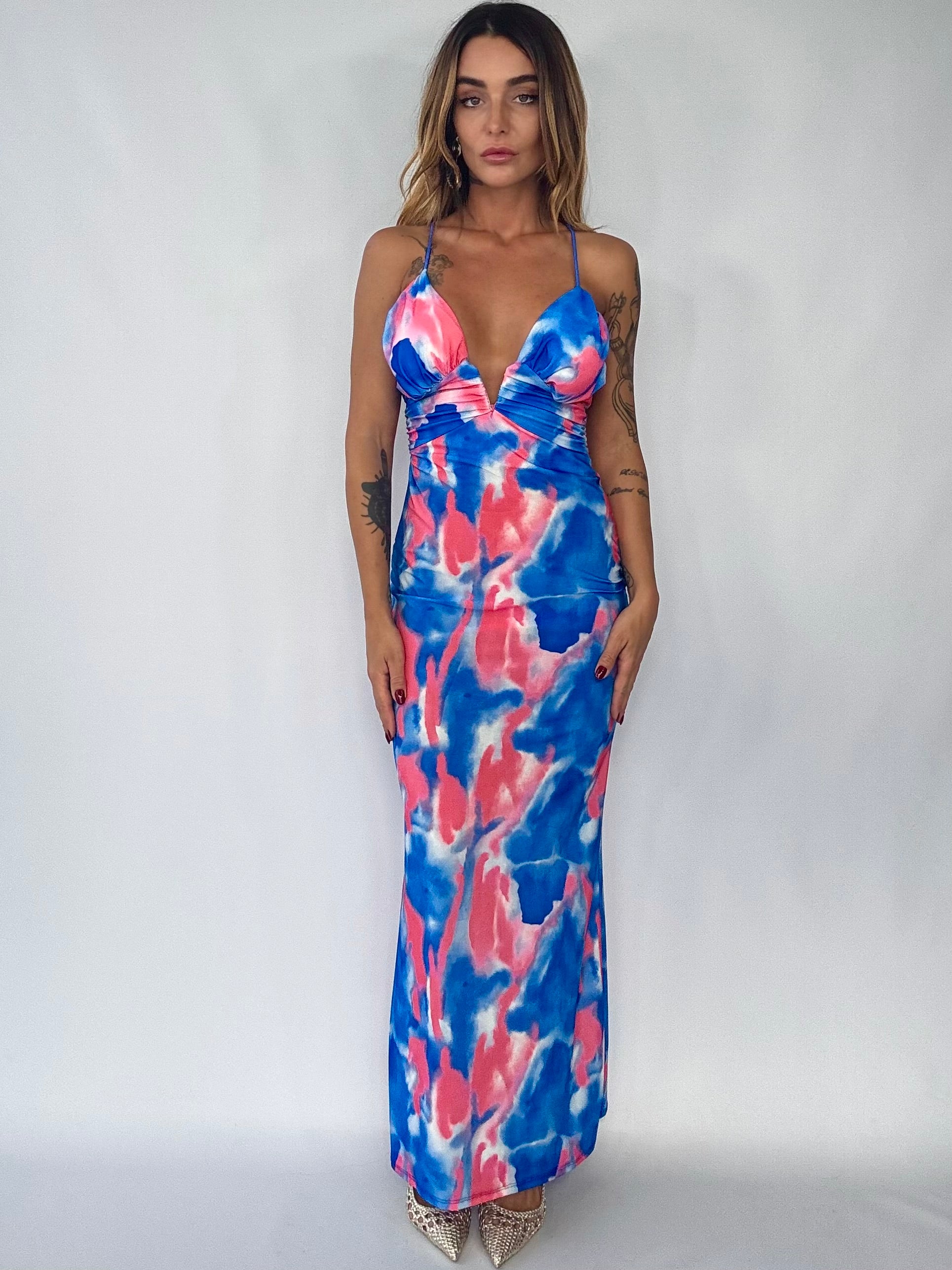 Maxi Dress Shadow Vneck - Blu/ Fucsia