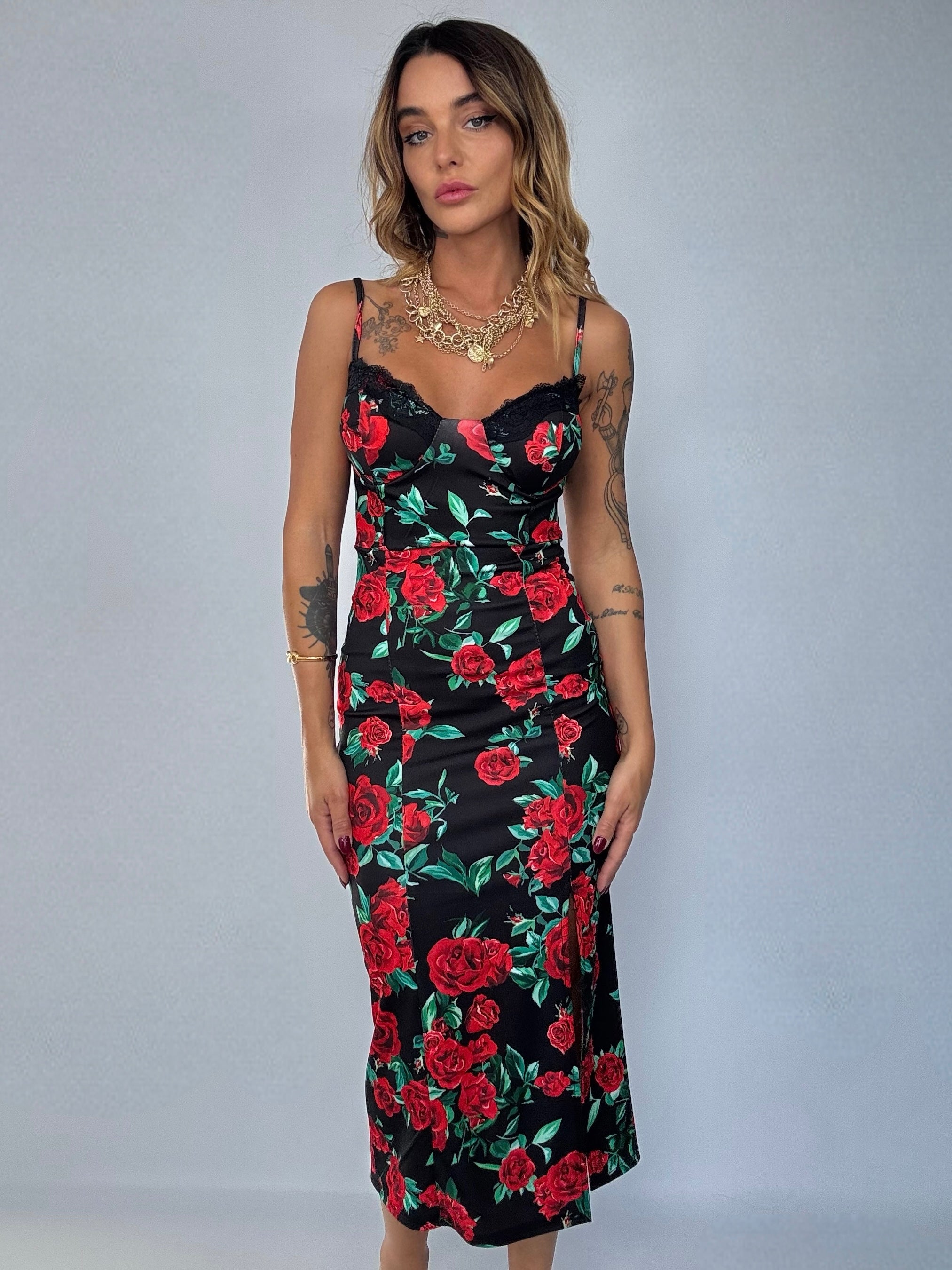 Midi Dress Rose Rosse  - Nero