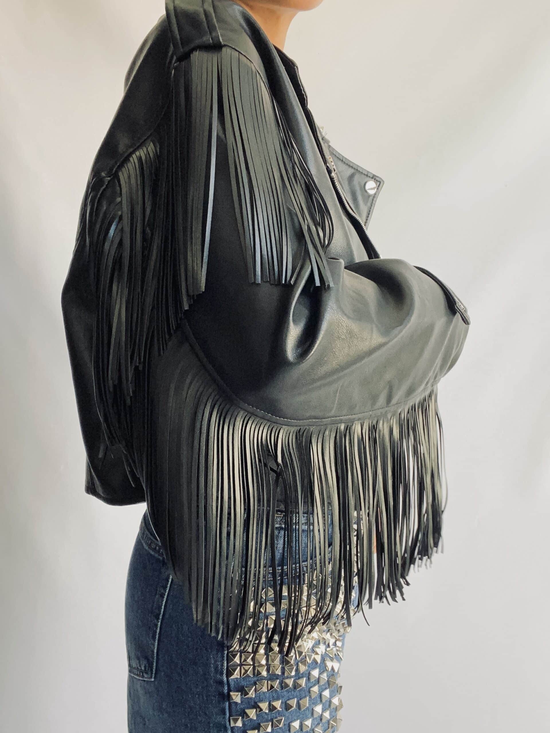 Chiodo Eco Pelle Crop con Frange e Borchie  - Nero